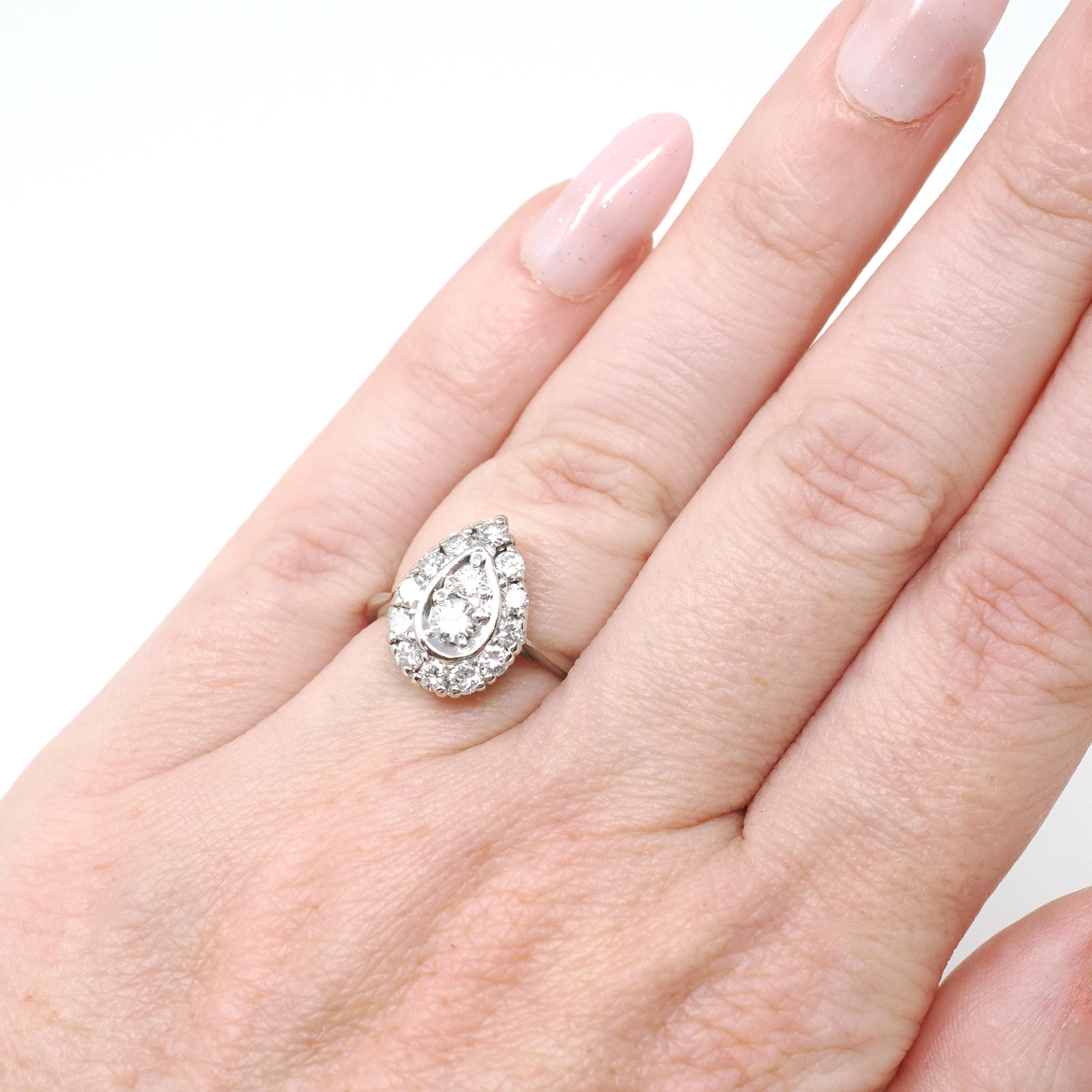 Diamond Cluster Ring - Estate 14k White Gold Natural Diamond Pear Shape - Modern Circa 2000s Era Size 3 3/4 Engagement Halo Fine Jewelry