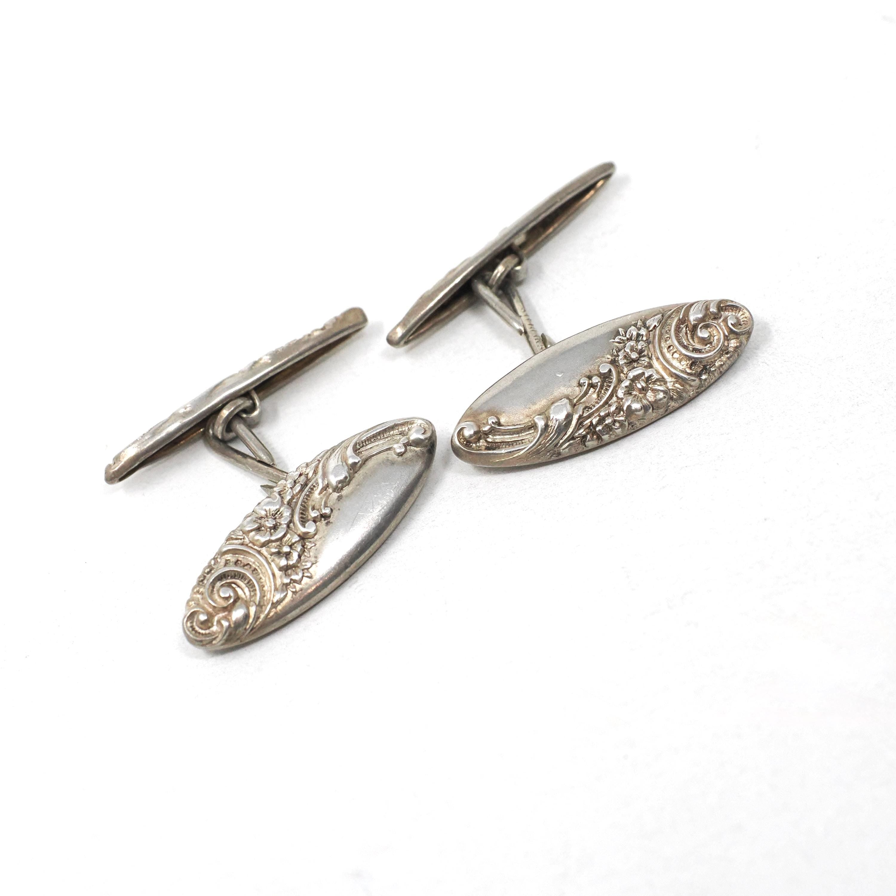 Edwardian Cufflinks - Vintage Sterling Silver Matched Repousse Navette Plate Design - Circa 1900s Set of 2 Scroll Links Fine Unisex Jewelry