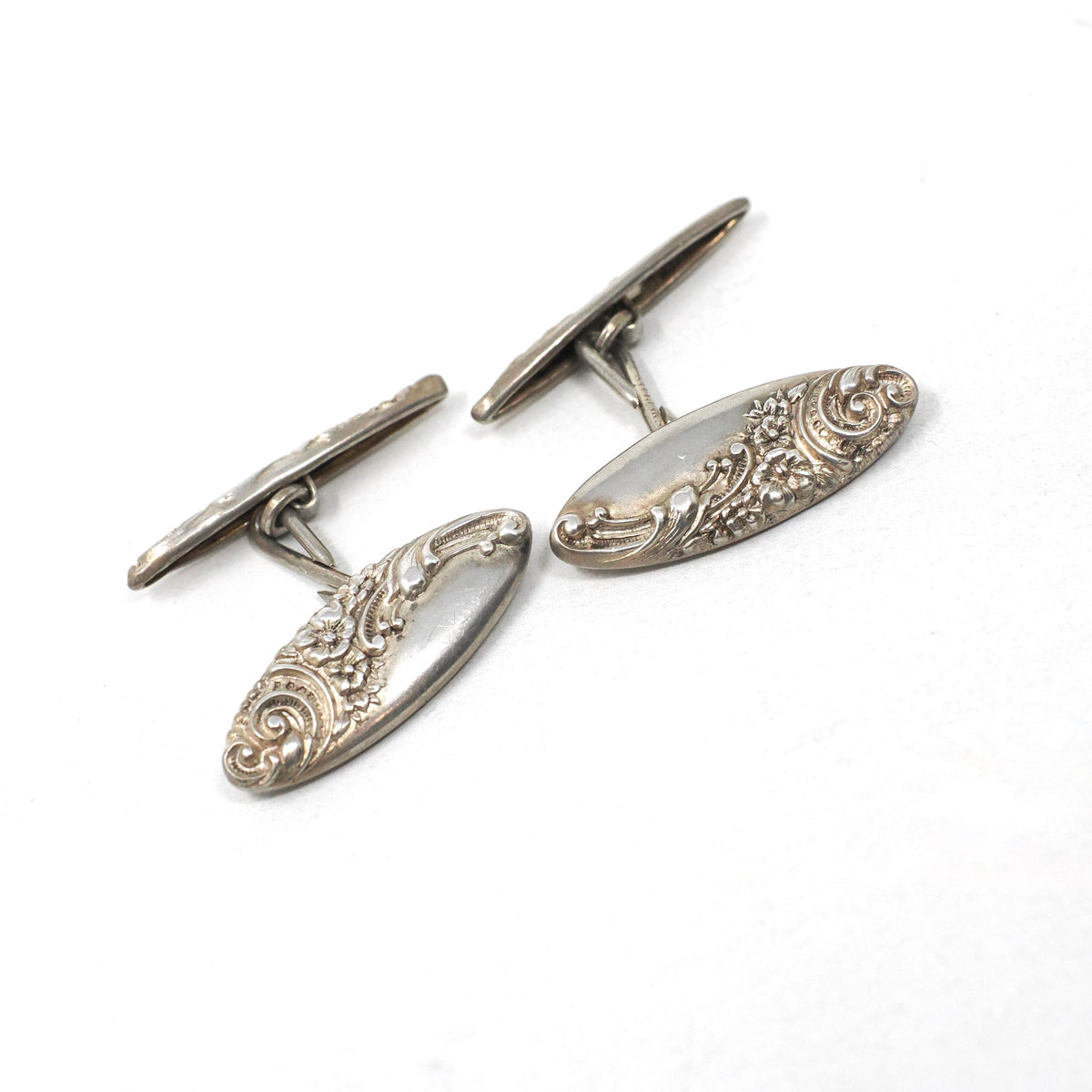Edwardian Cufflinks - Vintage Sterling Silver Matched Repousse Navette Plate Design - Circa 1900s Set of 2 Scroll Links Fine Unisex Jewelry
