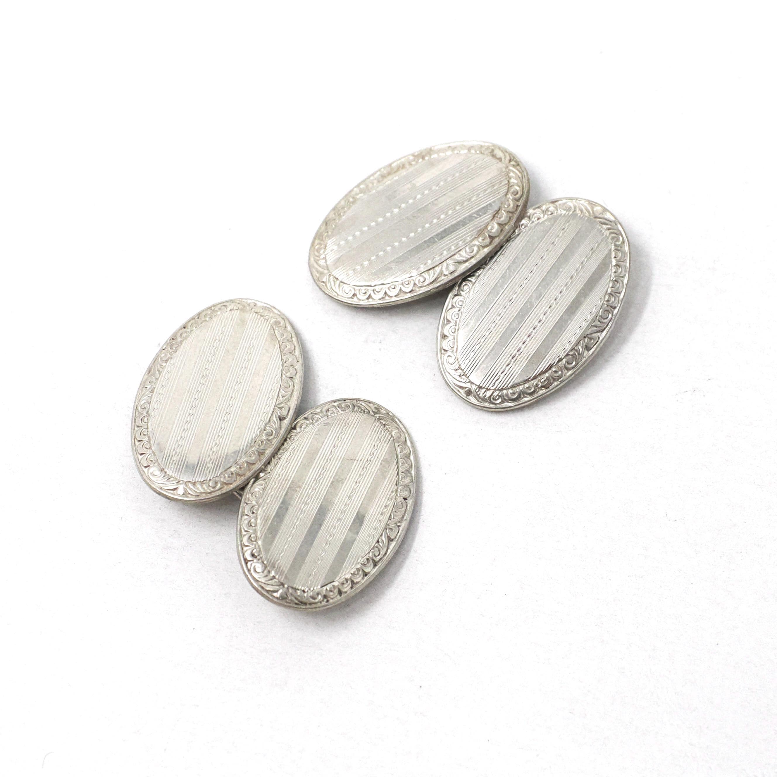 Art Deco Cufflinks - Vintage Sterling Silver Matched Oval Linear Engraved Plate Design - Circa 1930s Era Set of 2 Links Fine Unisex Jewelry