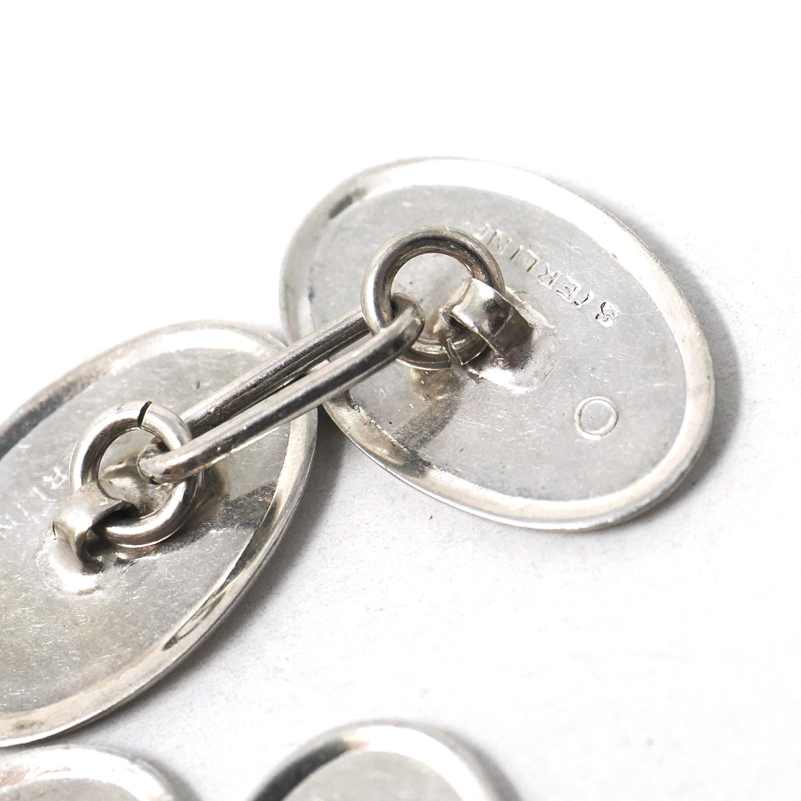 Art Deco Cufflinks - Vintage Sterling Silver Matched Oval Linear Engraved Plate Design - Circa 1930s Era Set of 2 Links Fine Unisex Jewelry