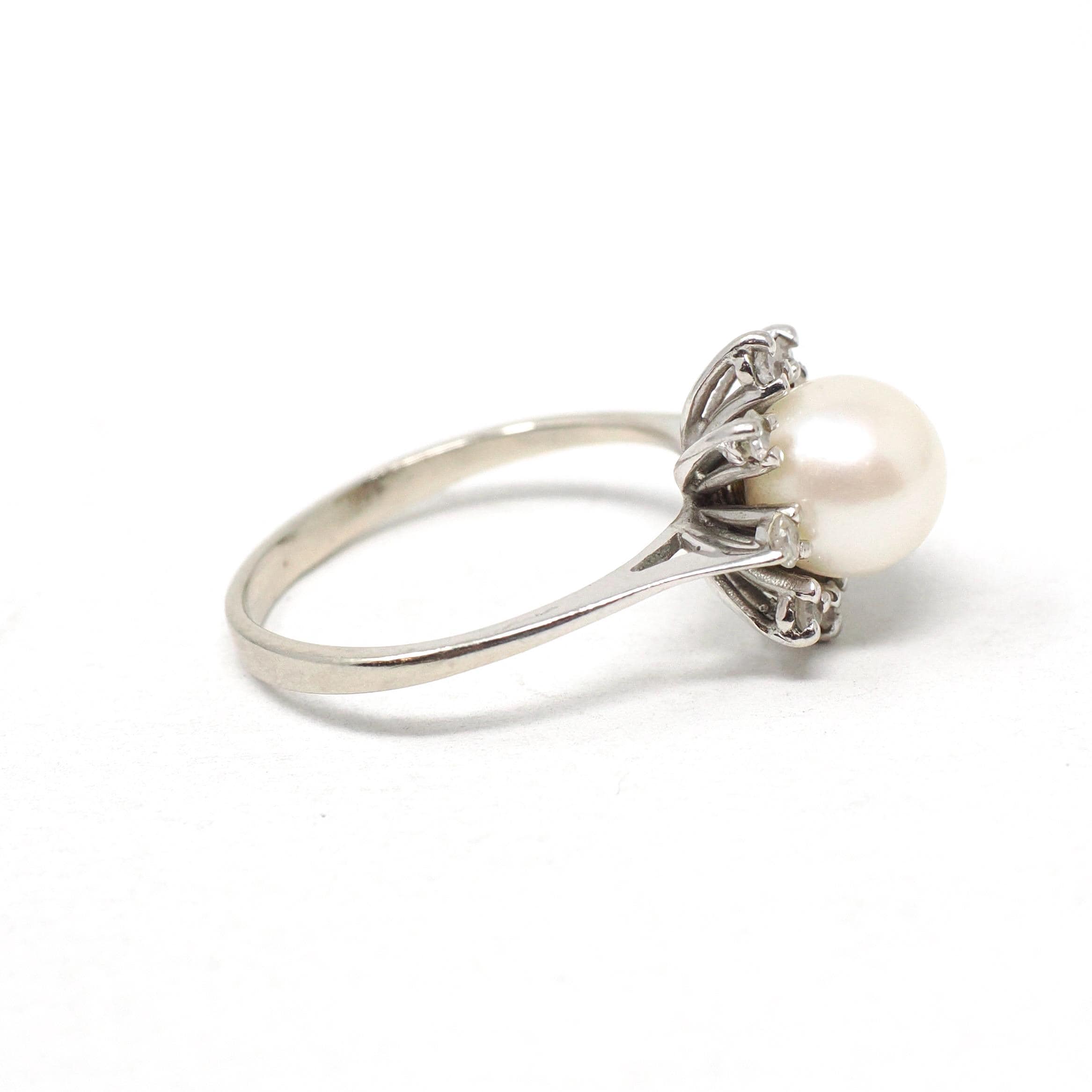Vintage Pearl Ring - Mid Century Era 14k White Gold Cultured Organic Gem & .16 CTW Diamond Accents - Circa 1960s Size 5.75 Star Halo Jewelry