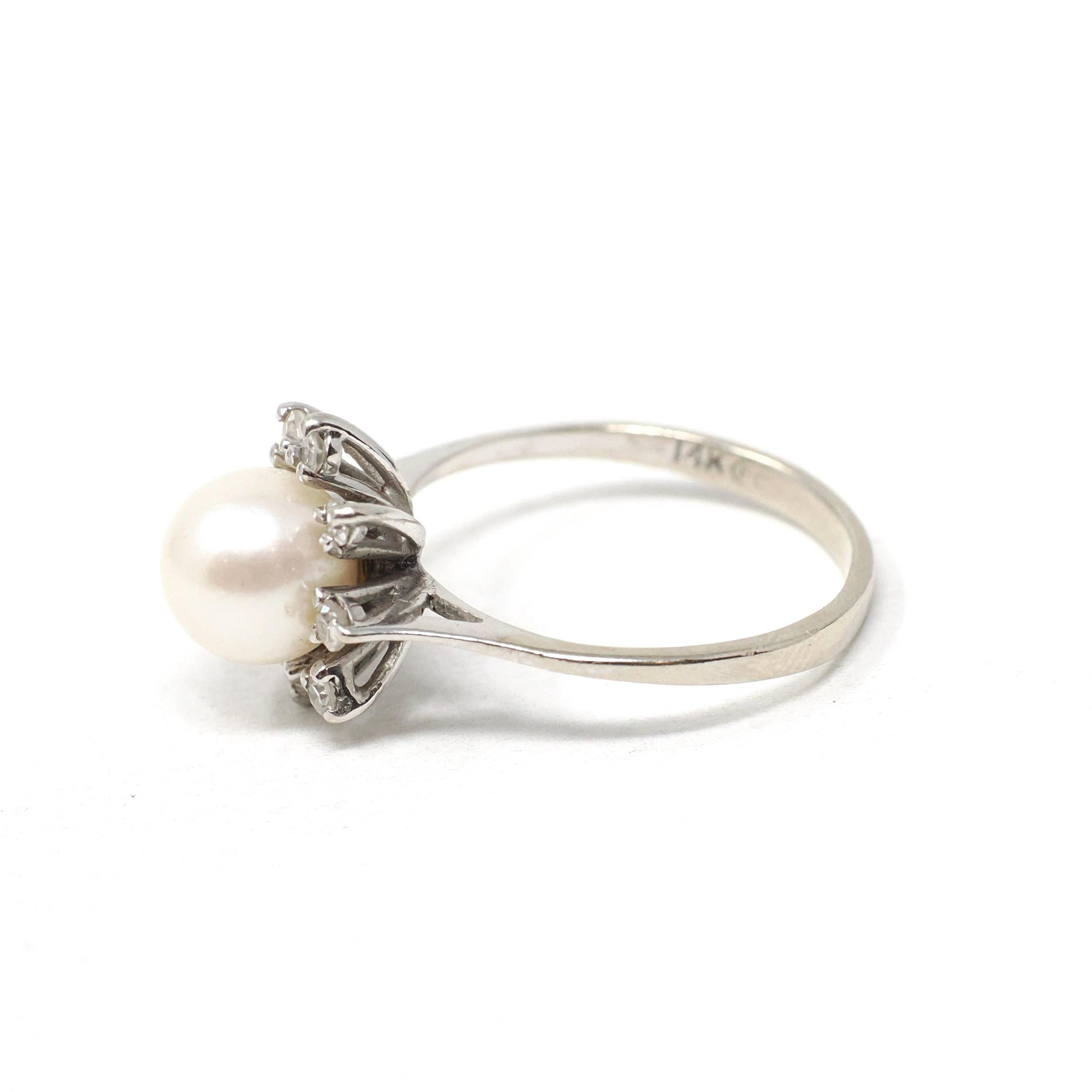 Vintage Pearl Ring - Mid Century Era 14k White Gold Cultured Organic Gem & .16 CTW Diamond Accents - Circa 1960s Size 5.75 Star Halo Jewelry