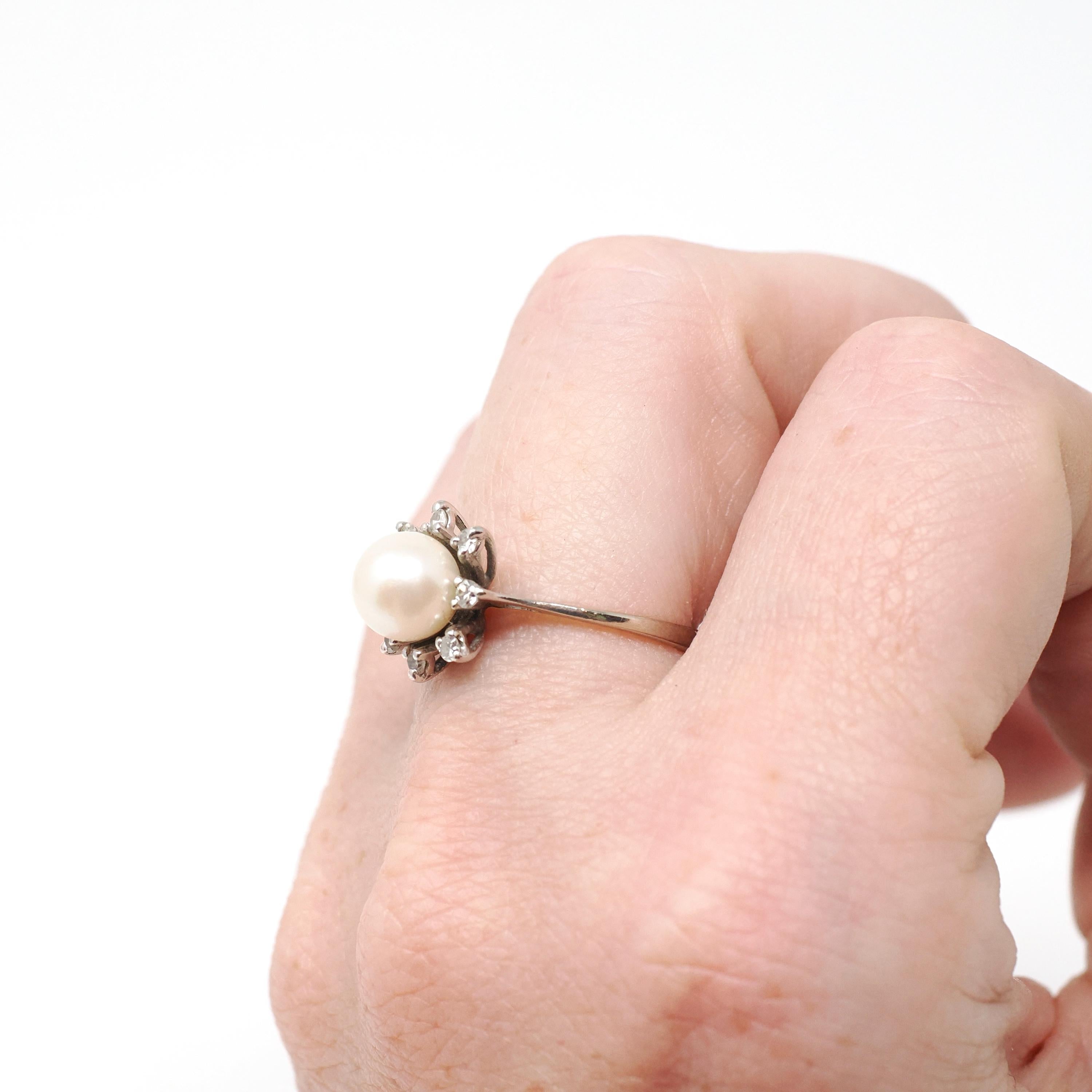 Vintage Pearl Ring - Mid Century Era 14k White Gold Cultured Organic Gem & .16 CTW Diamond Accents - Circa 1960s Size 5.75 Star Halo Jewelry