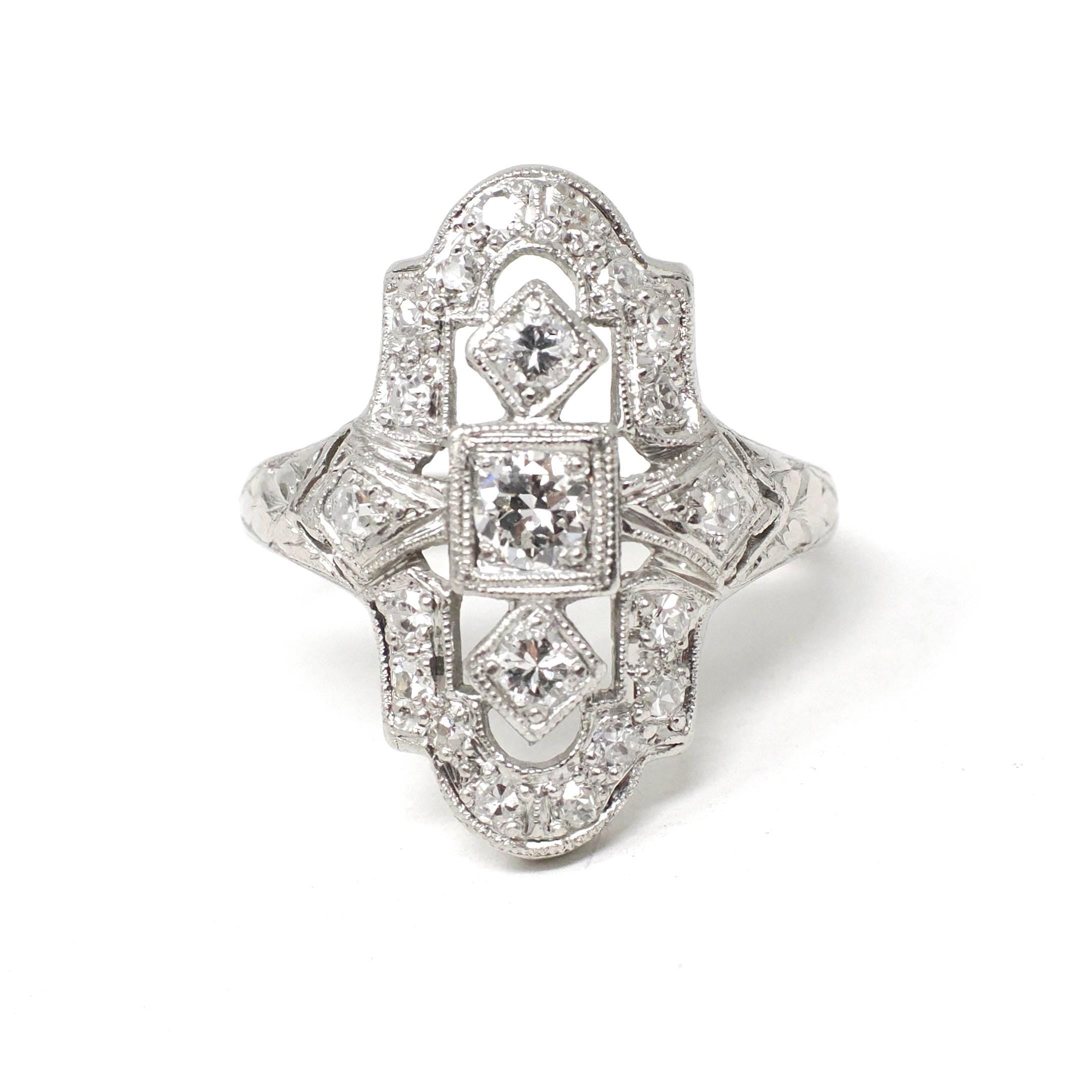 Vintage Shield Ring - Art Deco Die Struck Platinum .57 CTW Diamond Engagement - Circa 1930s Era Size 5 Filigree Fine Lace Bridal Jewelry