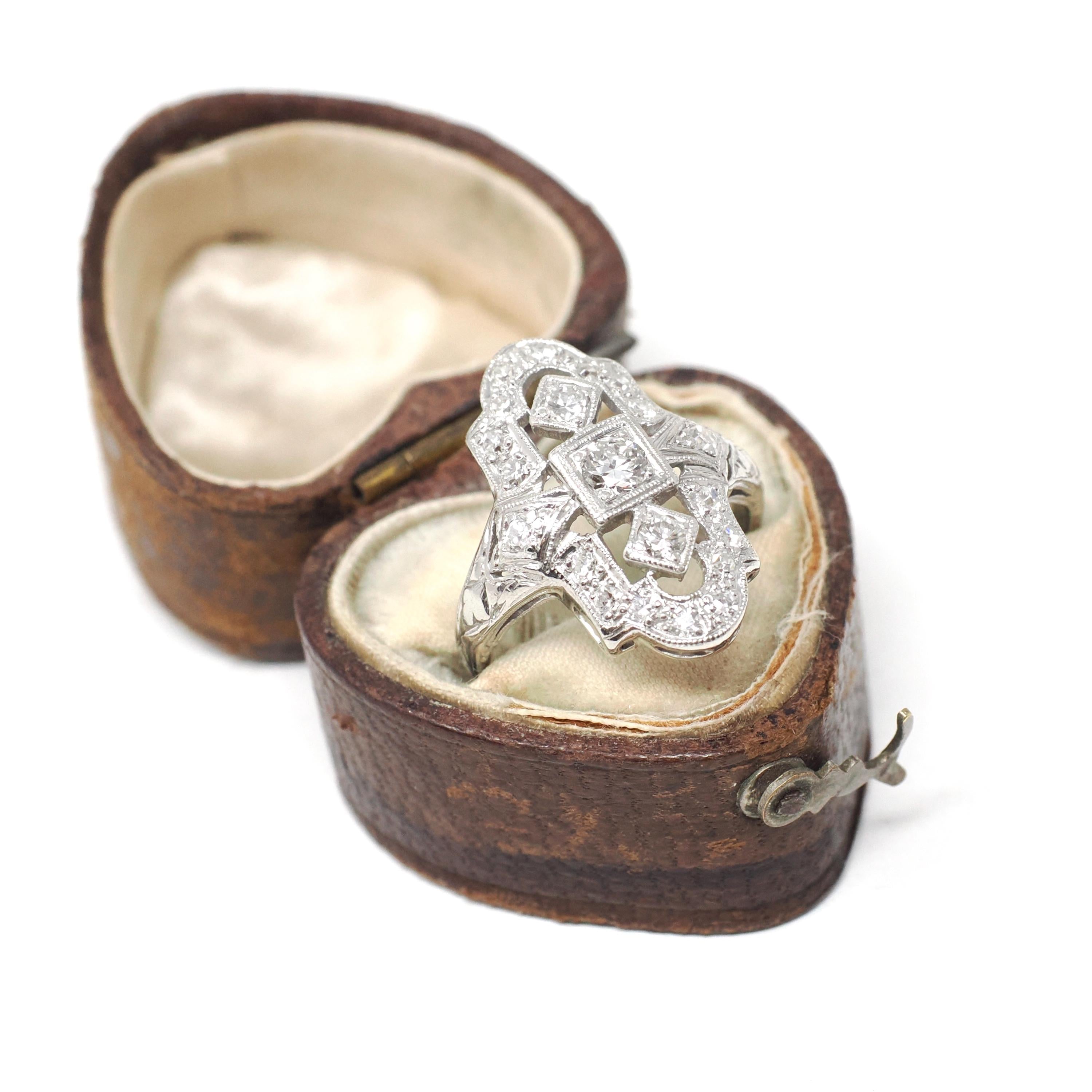Vintage Shield Ring - Art Deco Die Struck Platinum .57 CTW Diamond Engagement - Circa 1930s Era Size 5 Filigree Fine Lace Bridal Jewelry