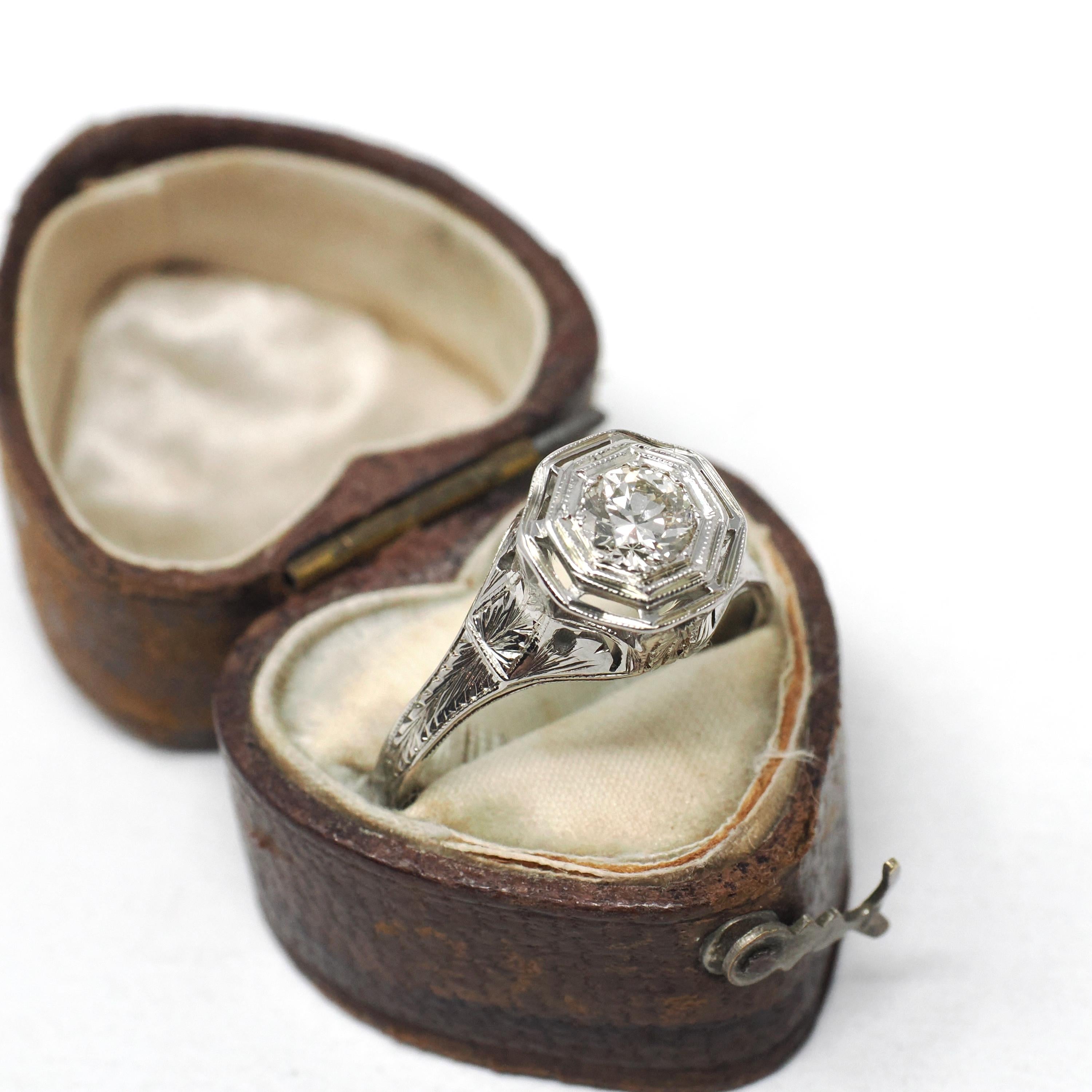 Antique Diamond Ring - Art Deco 18k White Gold Natural .50 CT Engagement - Circa 1920s Size 8 Filigree Belais Tall Basket Fine 20s Jewelry