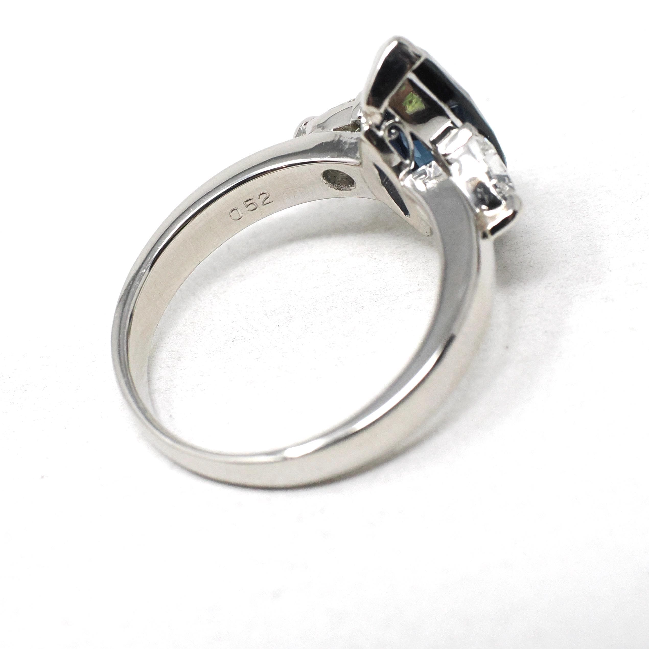 Sapphire & Diamond Ring - Estate Platinum Natural Blue Marquise Corundum Trillion Engagement - Modern Era Three Stone Navette Fine Jewelry