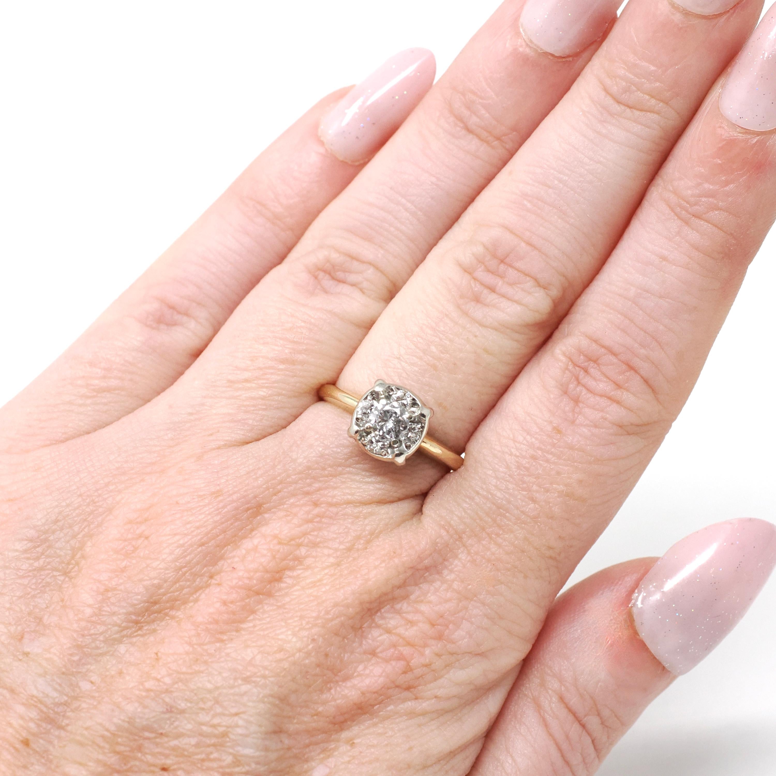 Vintage Diamond Ring - Mid Century 14k Yellow & White Gold Natural .50 CTW Clustered Engagement - Circa 1940s Size 5.5 Illusion Fine Jewelry