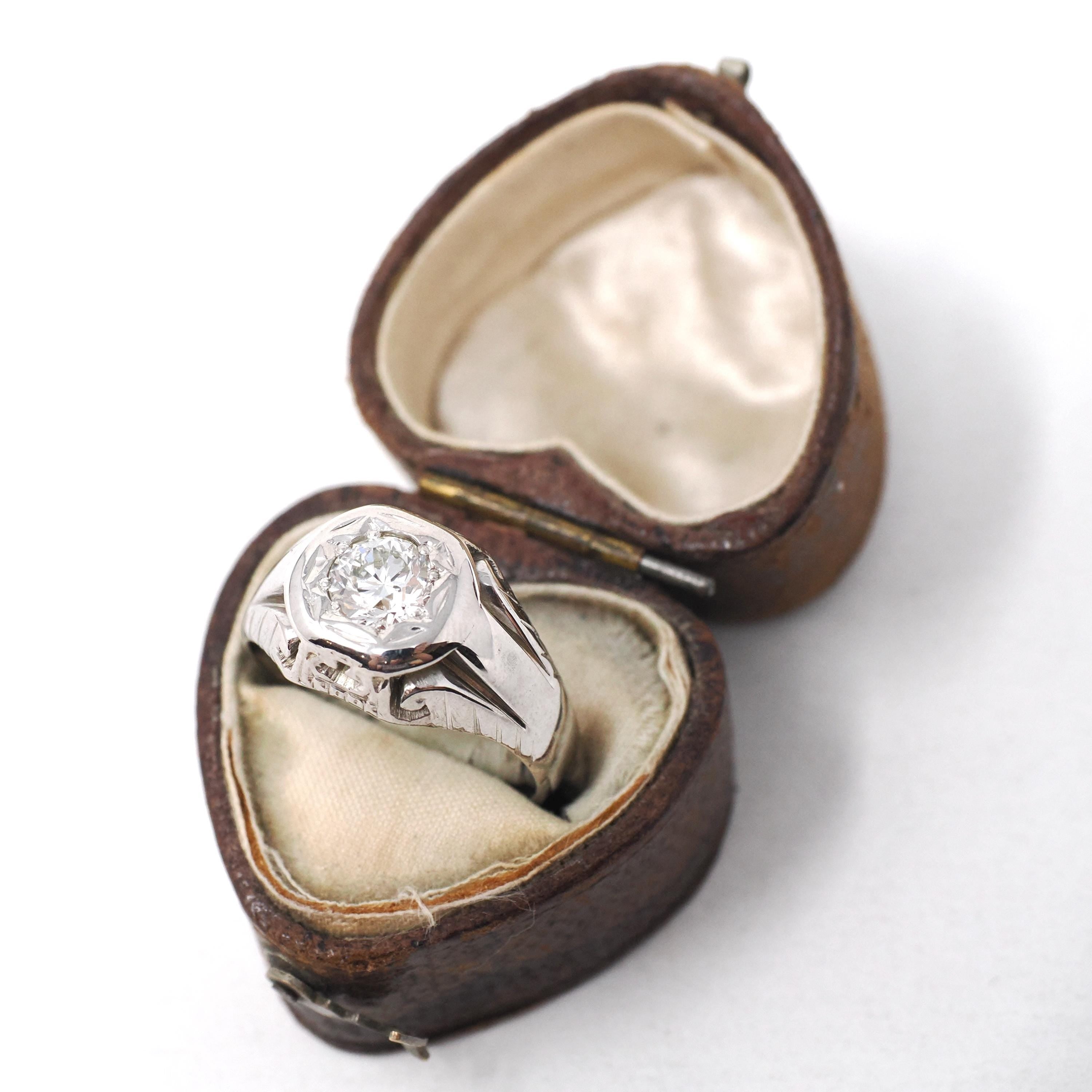Art Deco Diamond Ring - Vintage 14k White Gold .70 CT Star Incised Unisex Engagement - Circa 1930s Era Size 7 Fine Sun Bridal Jewelry