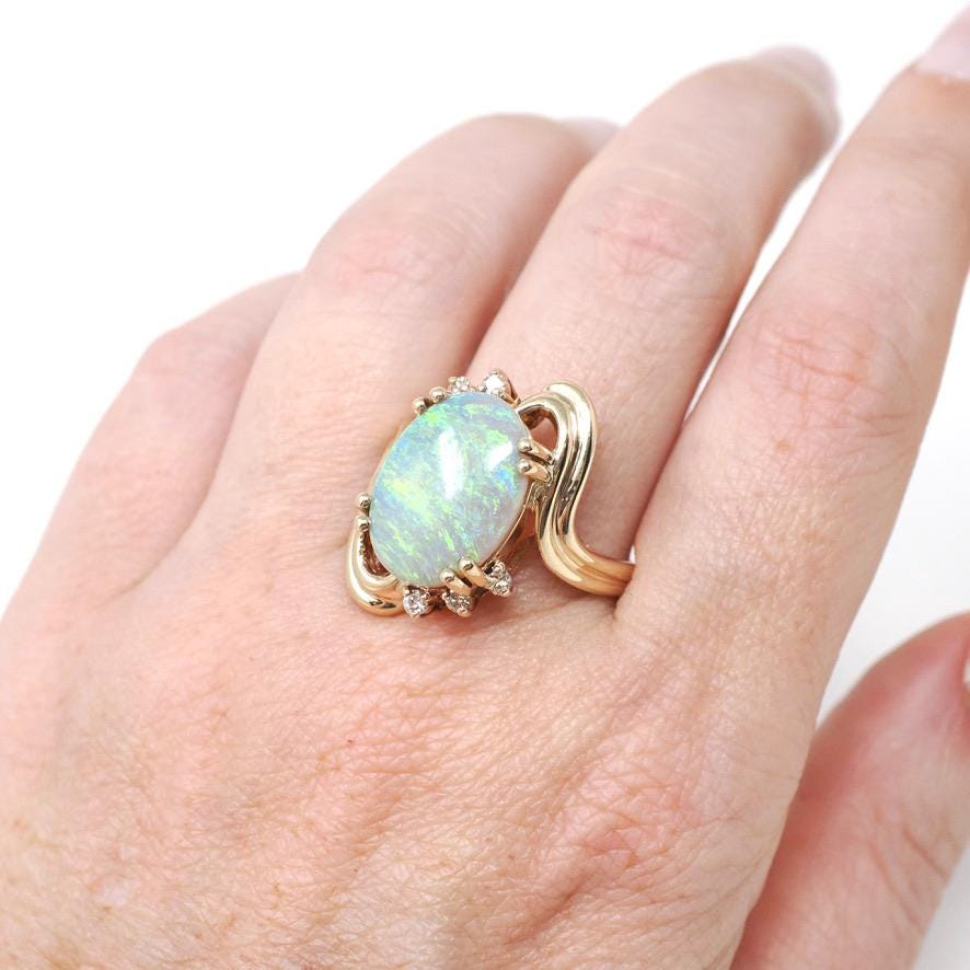 Vintage Opal & Diamond Ring - Estate 14k Yellow Gold Natural Oval Cabochon Gemstone - Modern Circa 1980s Size 9 Bypass Cocktail Fine Jewelry