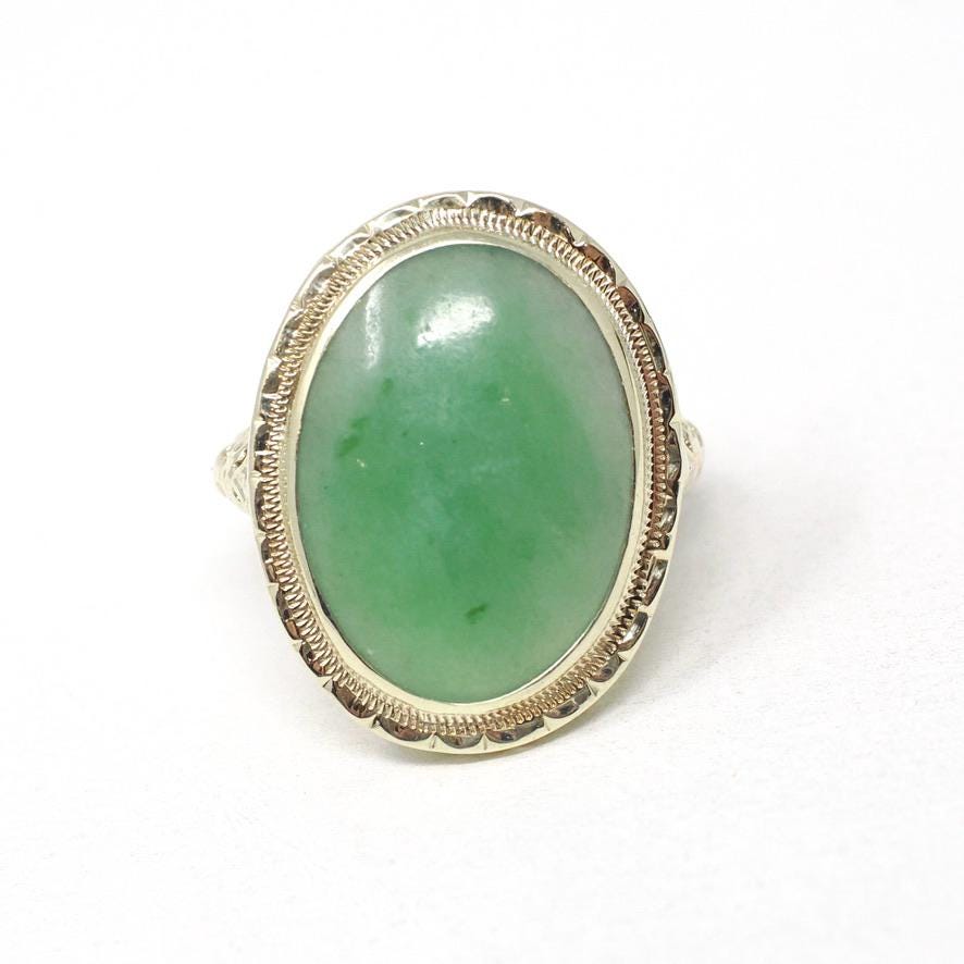 Vintage Jadeite Ring - Mid Century 14k Yellow Gold Natural Green Cabochon Cut Gemstone - Circa 1940s Era Statement Size 4 1/4 Fine Jewelry