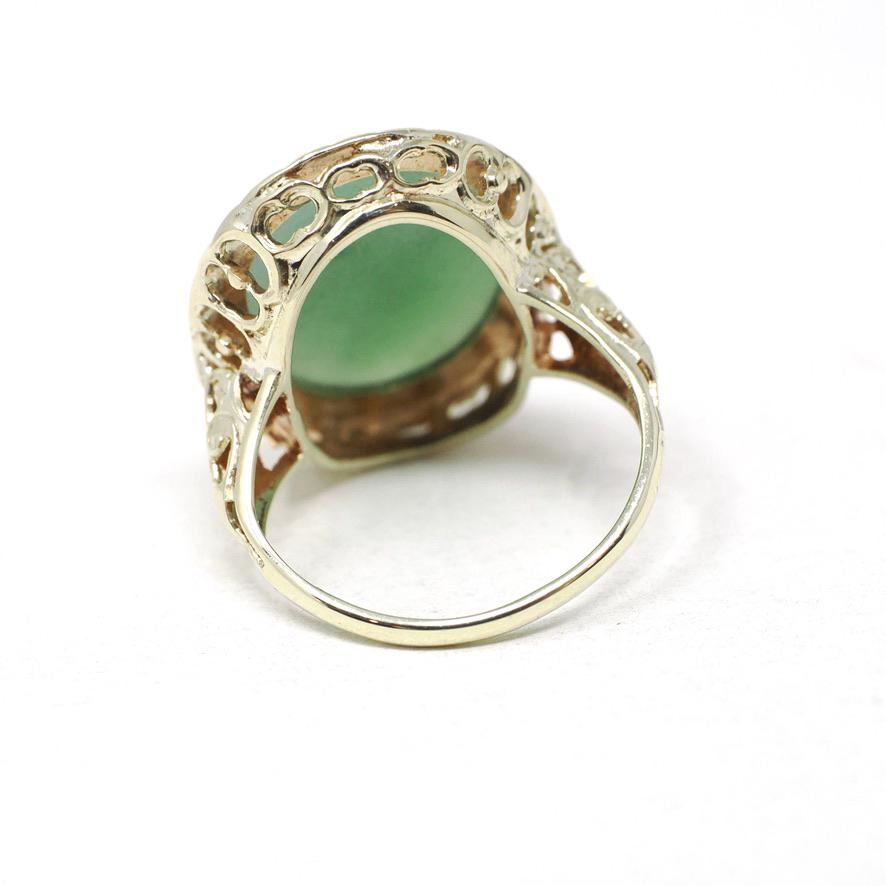 Vintage Jadeite Ring - Mid Century 14k Yellow Gold Natural Green Cabochon Cut Gemstone - Circa 1940s Era Statement Size 4 1/4 Fine Jewelry