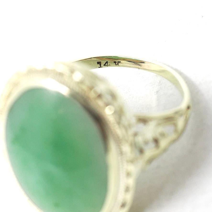 Vintage Jadeite Ring - Mid Century 14k Yellow Gold Natural Green Cabochon Cut Gemstone - Circa 1940s Era Statement Size 4 1/4 Fine Jewelry