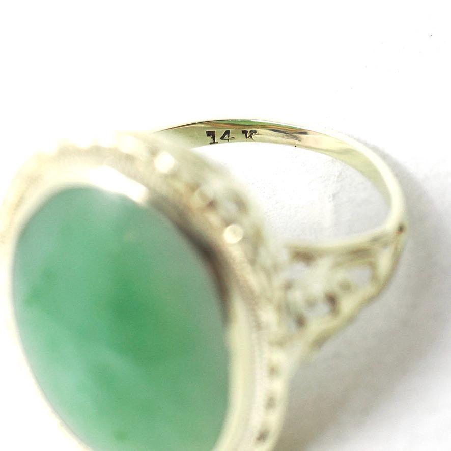 Vintage Jadeite Ring - Mid Century 14k Yellow Gold Natural Green Cabochon Cut Gemstone - Circa 1940s Era Statement Size 4 1/4 Fine Jewelry