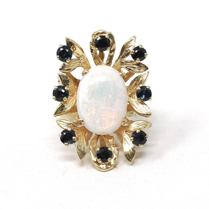 Vintage Opal & Sapphire Ring - Estate 14k Yellow Gold Statement Leaf Flower - Circa 1980s Era Size 5 1/2 Halo Brutalist Style Fine Jewelry