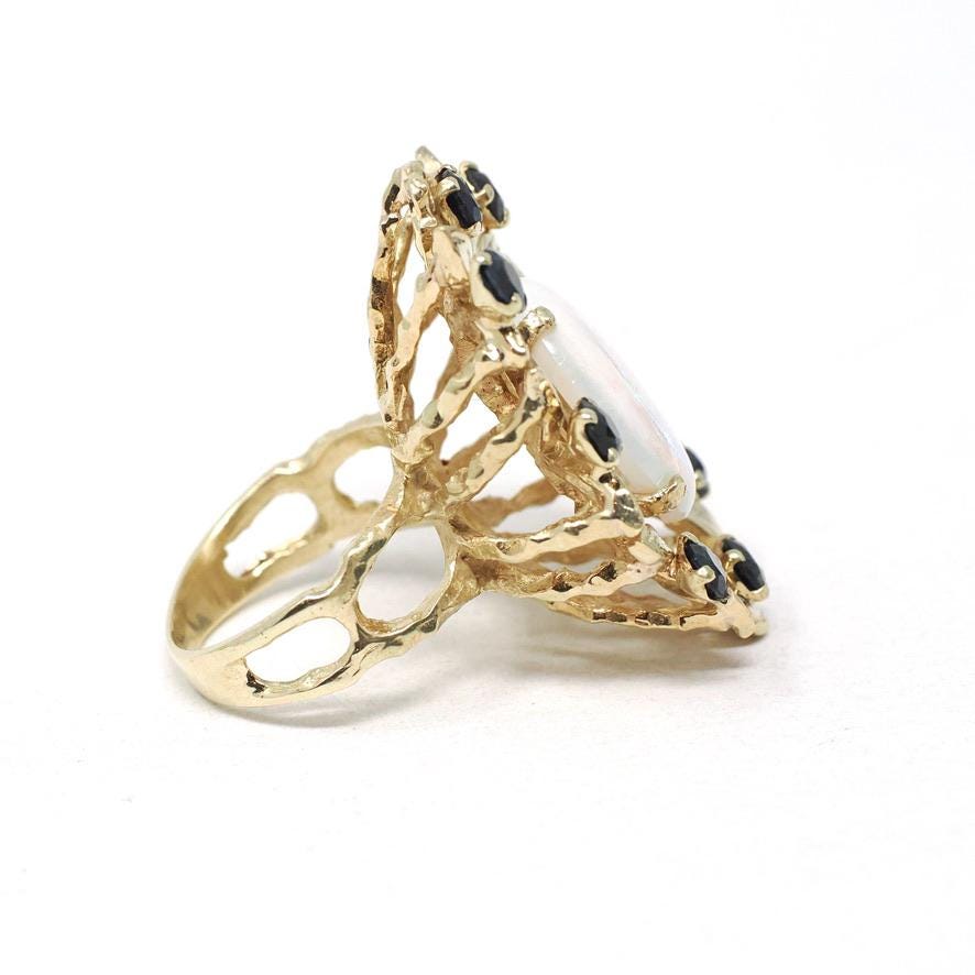 Vintage Opal & Sapphire Ring - Estate 14k Yellow Gold Statement Leaf Flower - Circa 1980s Era Size 5 1/2 Halo Brutalist Style Fine Jewelry
