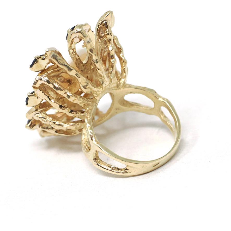 Vintage Opal & Sapphire Ring - Estate 14k Yellow Gold Statement Leaf Flower - Circa 1980s Era Size 5 1/2 Halo Brutalist Style Fine Jewelry