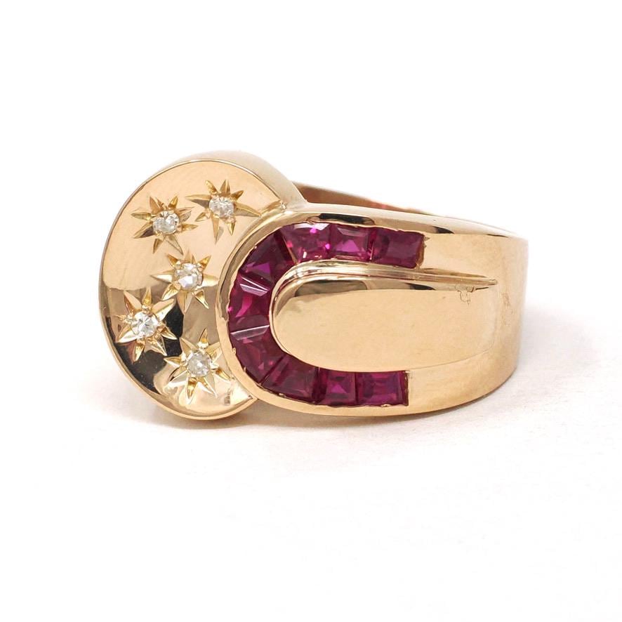 Viintage Cocktail Ring - Retro 18k Rose Gold Star Incised Natural Diamonds Created Rubies - Circa 1960s Era Size 8 1/4 Buckle Fine Jewelry