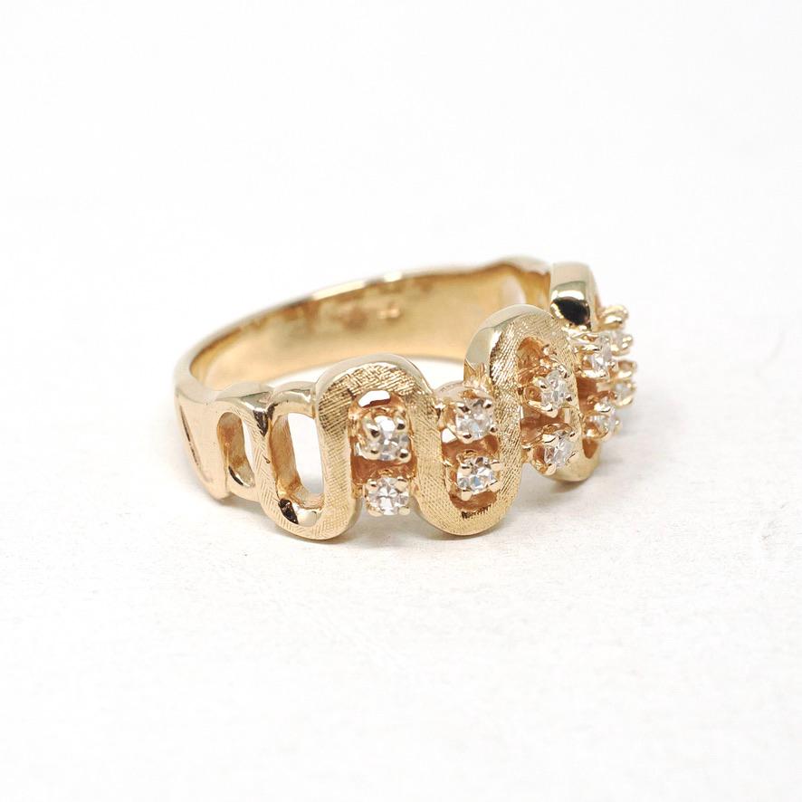 Vintage Diamond Ring - Retro 14k Yellow Gold Natural .25 CTW Wave Statement Band - Circa 1970s Era Size 6 1/2 Abstract Snake Fine Jewelry