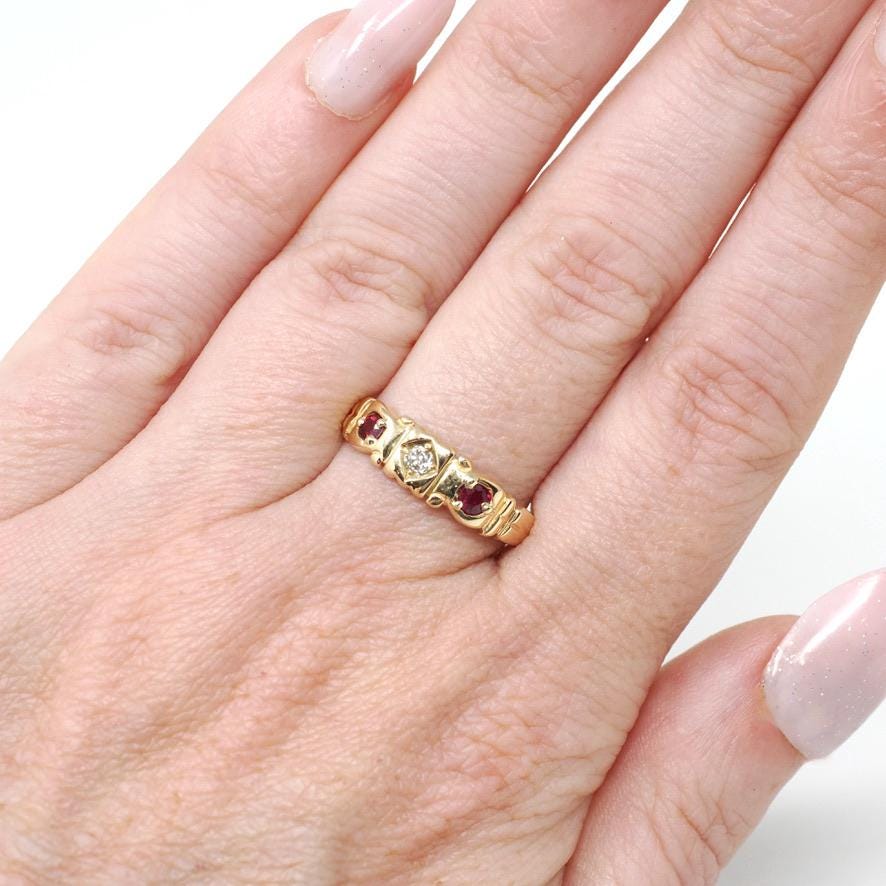 Antique Ruby & Diamond Band - Edwardian 18k Yellow Gold Natural Red And White Gemstone Ring - English Hallmark 1900s Size 7 Fine Jewelry