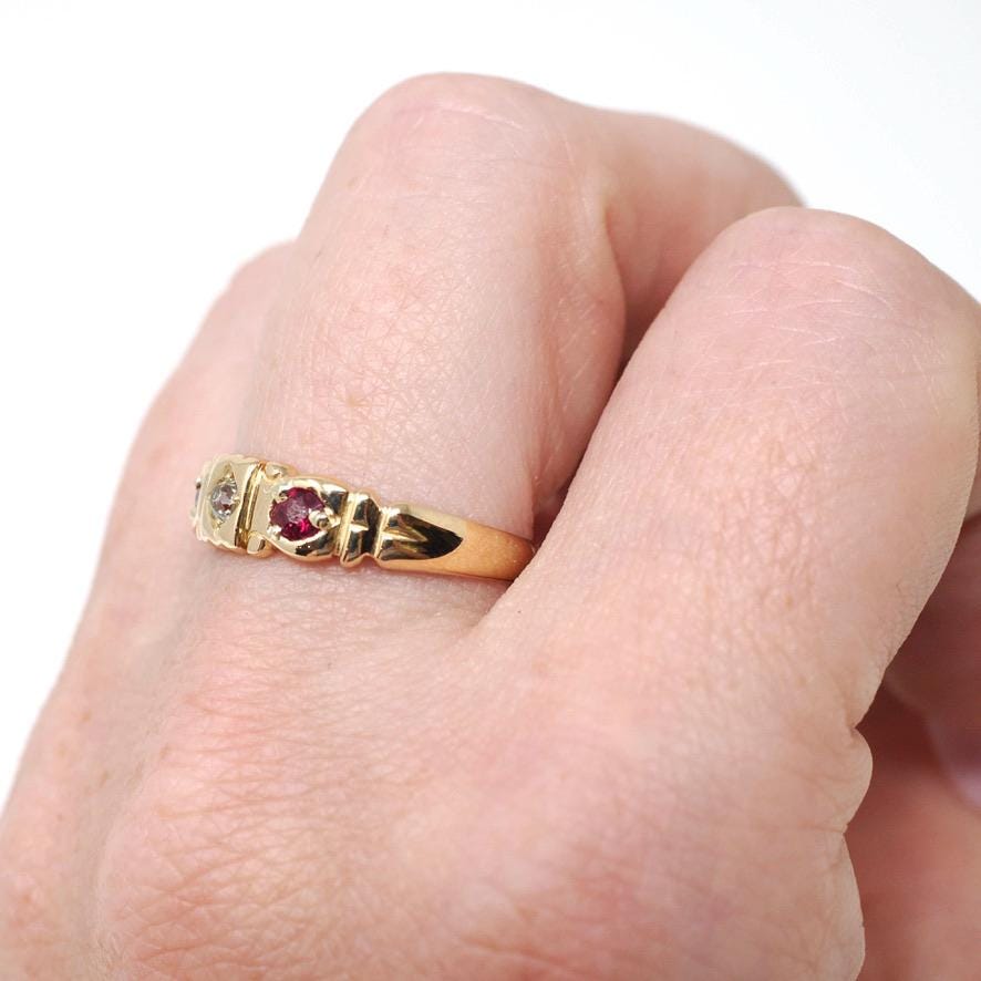 Antique Ruby & Diamond Band - Edwardian 18k Yellow Gold Natural Red And White Gemstone Ring - English Hallmark 1900s Size 7 Fine Jewelry