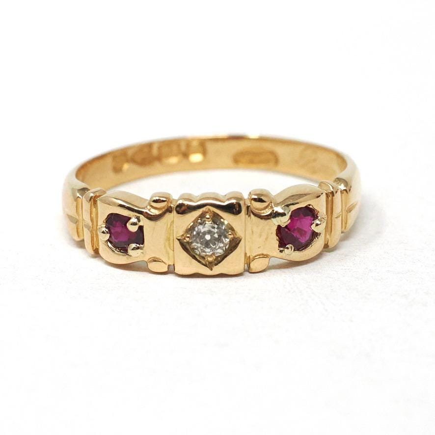 Antique Ruby & Diamond Band - Edwardian 18k Yellow Gold Natural Red And White Gemstone Ring - English Hallmark 1900s Size 7 Fine Jewelry