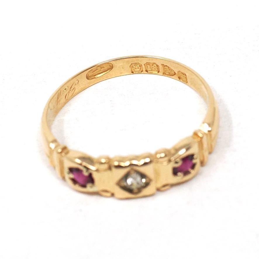 Antique Ruby & Diamond Band - Edwardian 18k Yellow Gold Natural Red And White Gemstone Ring - English Hallmark 1900s Size 7 Fine Jewelry