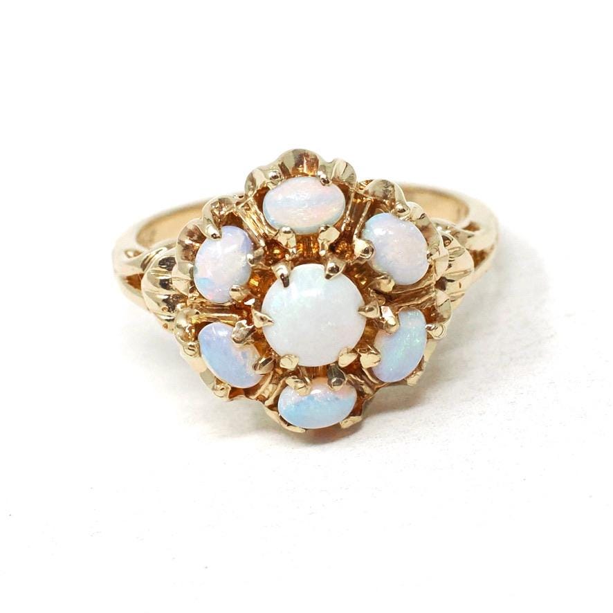Vintage Opal Ring - Mid Century 10k Yellow Gold Natural Gemstone Flower Cluster Statement - Circa 1960s Era Size 5 3/4 Floral Fine Jewelry
