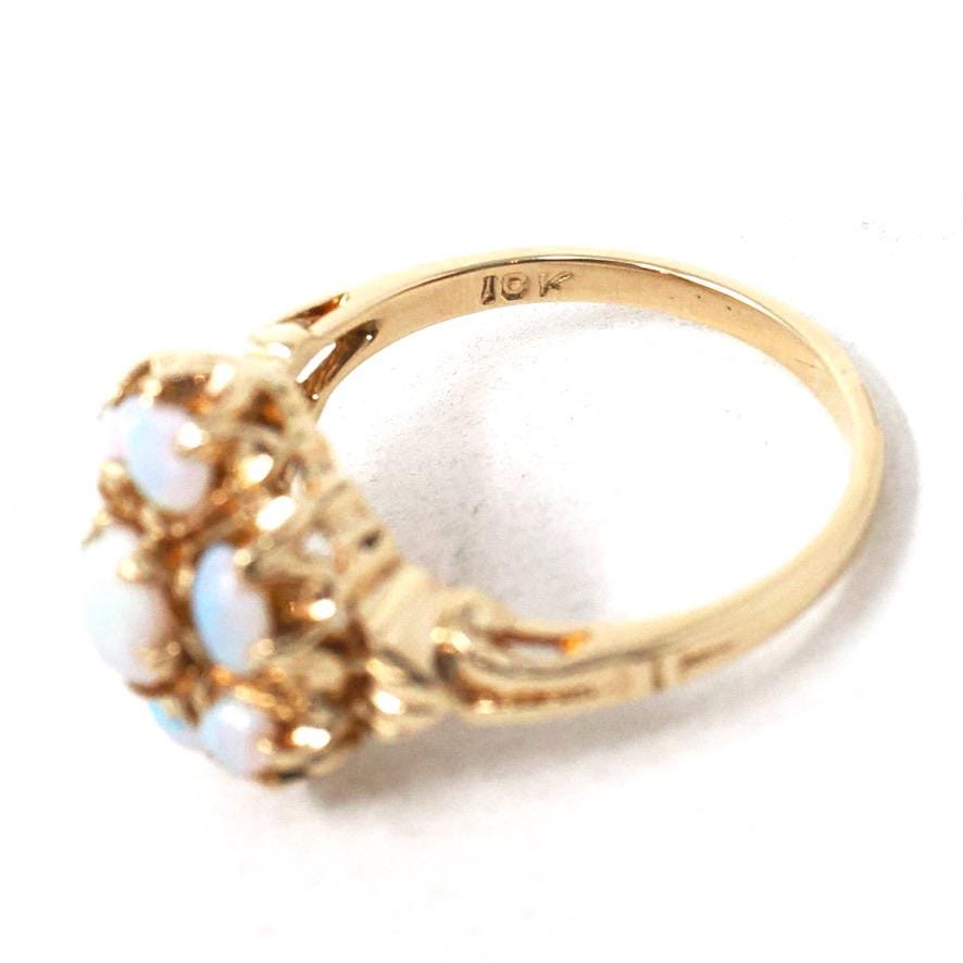 Vintage Opal Ring - Mid Century 10k Yellow Gold Natural Gemstone Flower Cluster Statement - Circa 1960s Era Size 5 3/4 Floral Fine Jewelry