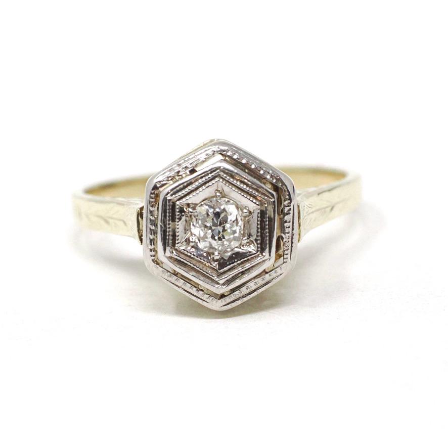 Art Deco Diamond Ring - Vintage 14k Yellow White Gold .13 CT Hexagonal Engagement - Circa 1930s Era Size 6.5 Fine Tall Crown Bridal Jewelry