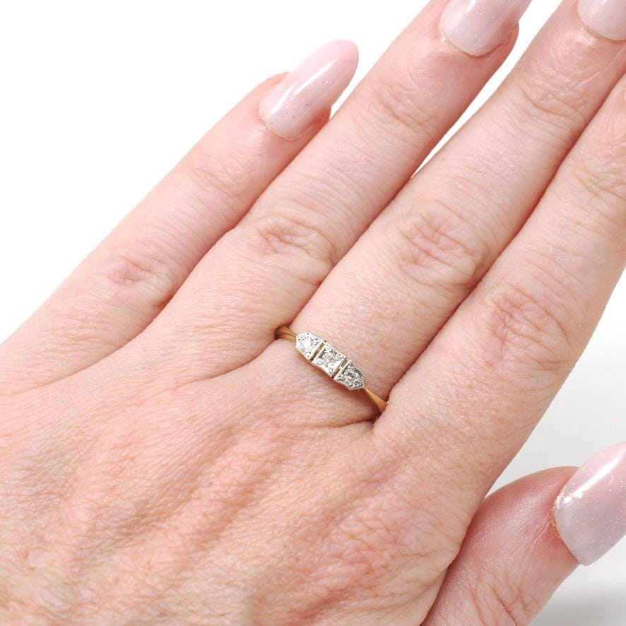 Diamond Wedding Band - Mid Century 18k Yellow Gold & Platinum .07 CTW Stacking Ring - Circa 1940s Size 6 3/4 Fine Two Tone Bridal Jewelry