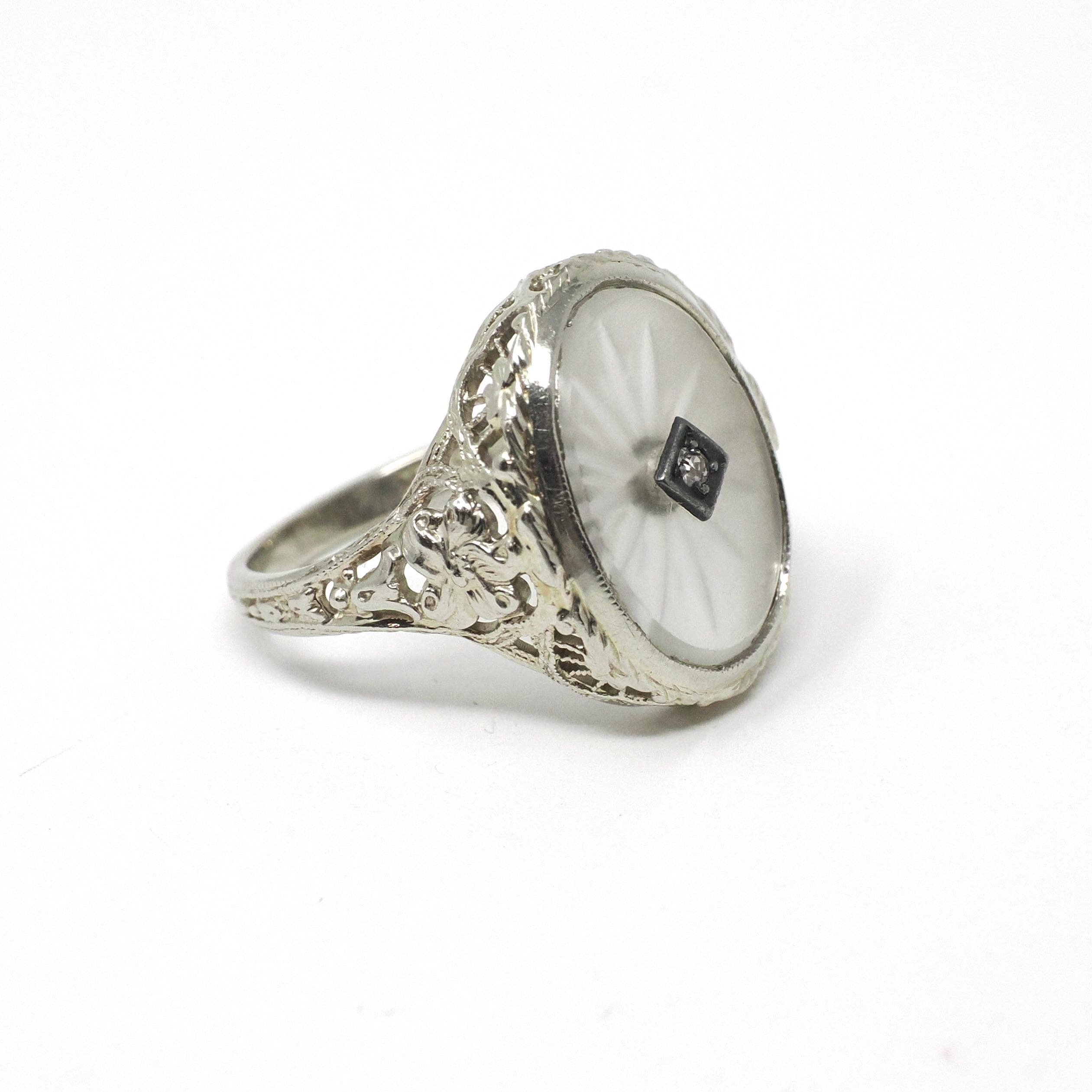 Rock Crystal Quartz Ring - Vintage 14k White Gold Oval Natural Diamond Statement - Vintage 1930s Size 6 1/4 Camphor Glass Style Fine Jewelry