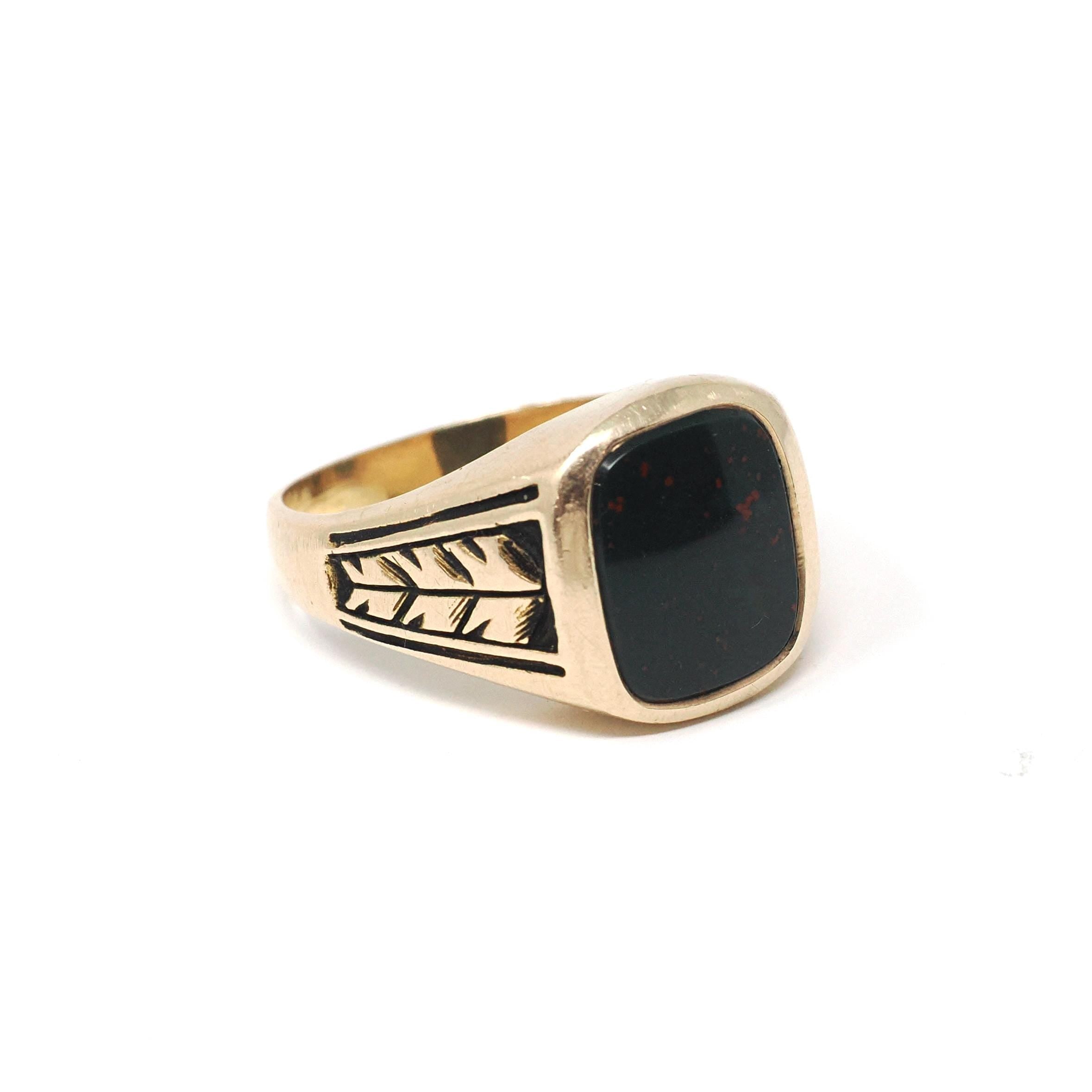 Vintage Bloodstone Ring - Art Deco 10k Yellow Gold Dark Green Red Gemstone Men's Unisex Statement - Vintage 1920s Size 9 3/4 Fine Jewelry