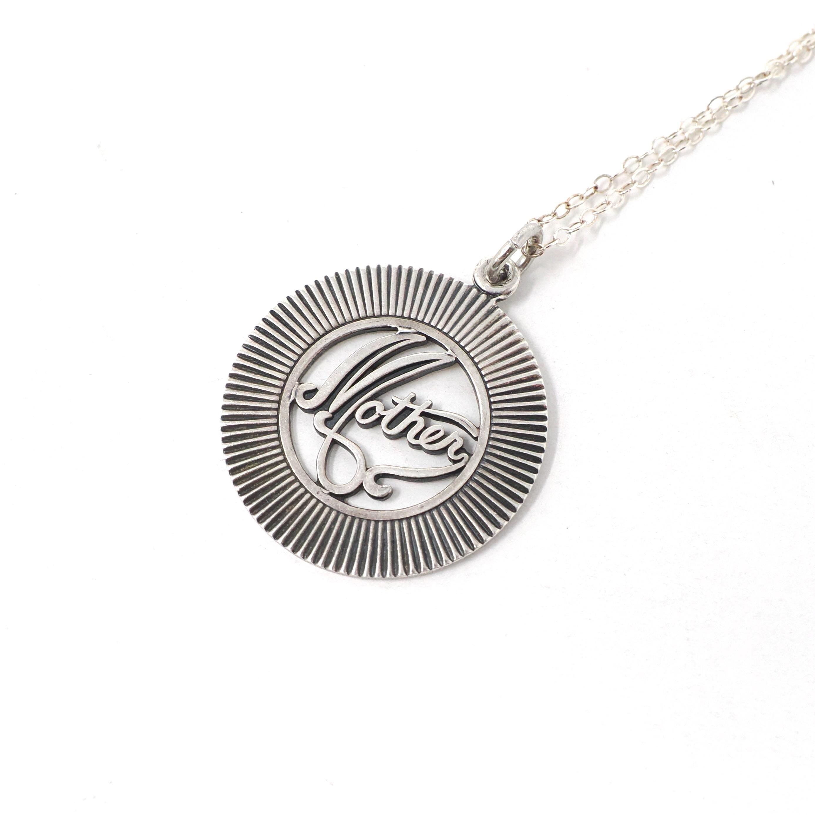 Vintage Mother Necklace - Retro Sterling Silver Round Medallion Charm Pendant - Circa 1970s Era Mom Love Token Mothers Day Gift Jewelry