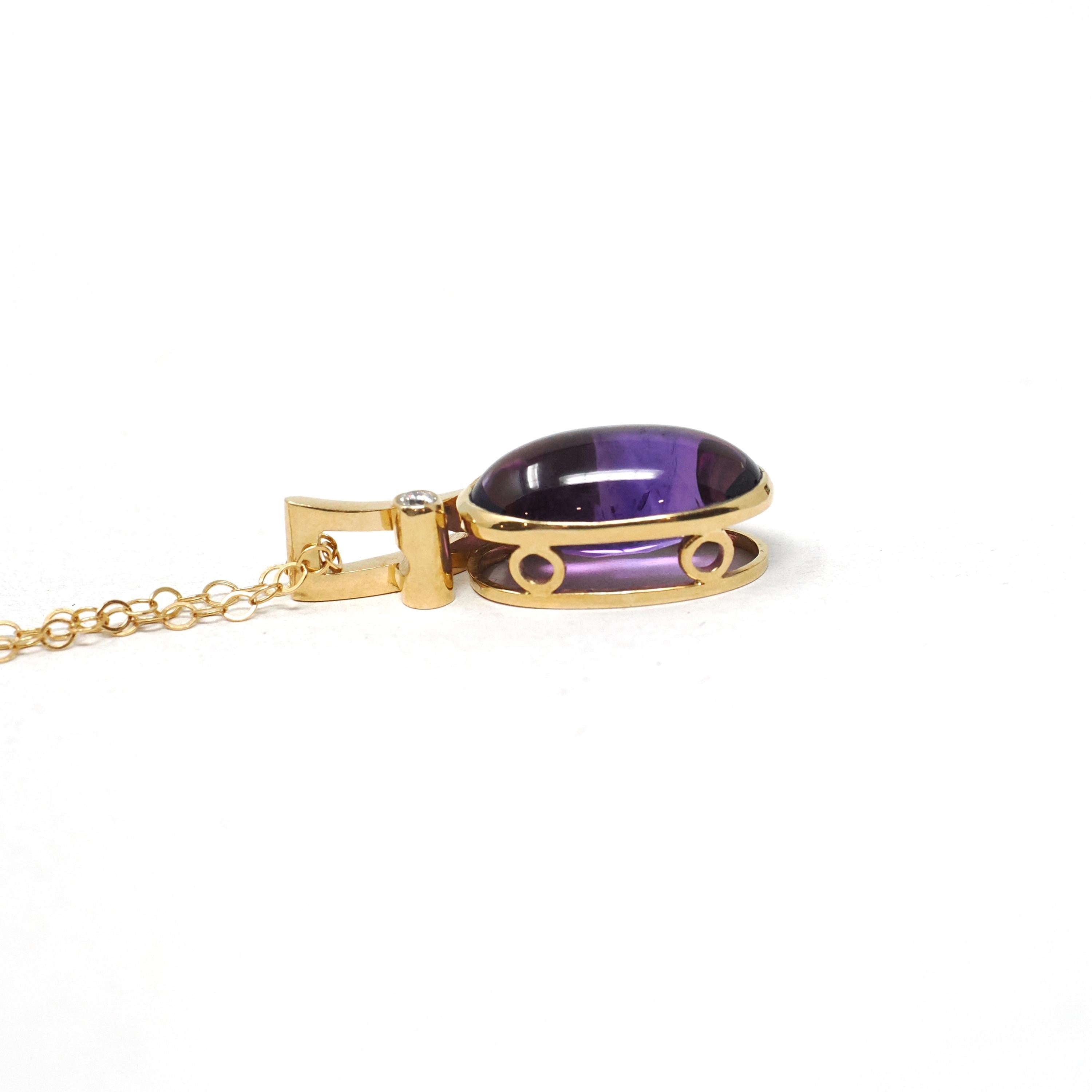 Amethyst & Diamond Charm - Estate 18k Yellow Gold Oval Cabochon Purple Gem Pendant Necklace - Modern Circa 2000s February Birthstone Jewelry
