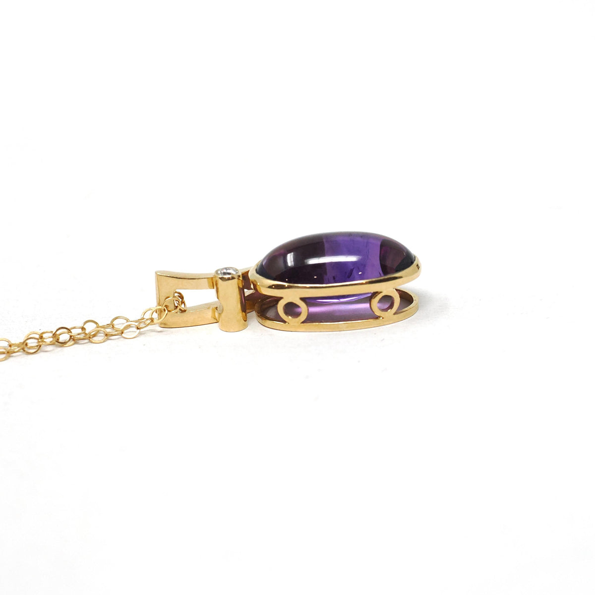 Amethyst & Diamond Charm - Estate 18k Yellow Gold Oval Cabochon Purple Gem Pendant Necklace - Modern Circa 2000s February Birthstone Jewelry