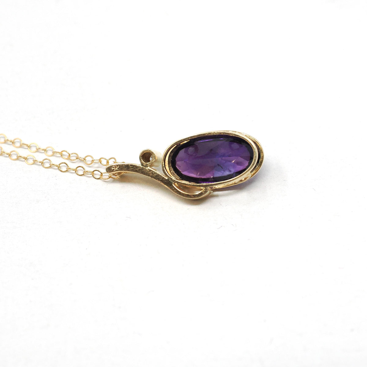 Amethyst & Diamond Charm - Estate 18k Yellow Gold Oval Cabochon Purple Gem Pendant Necklace - Modern Circa 2000s February Birthstone Jewelry