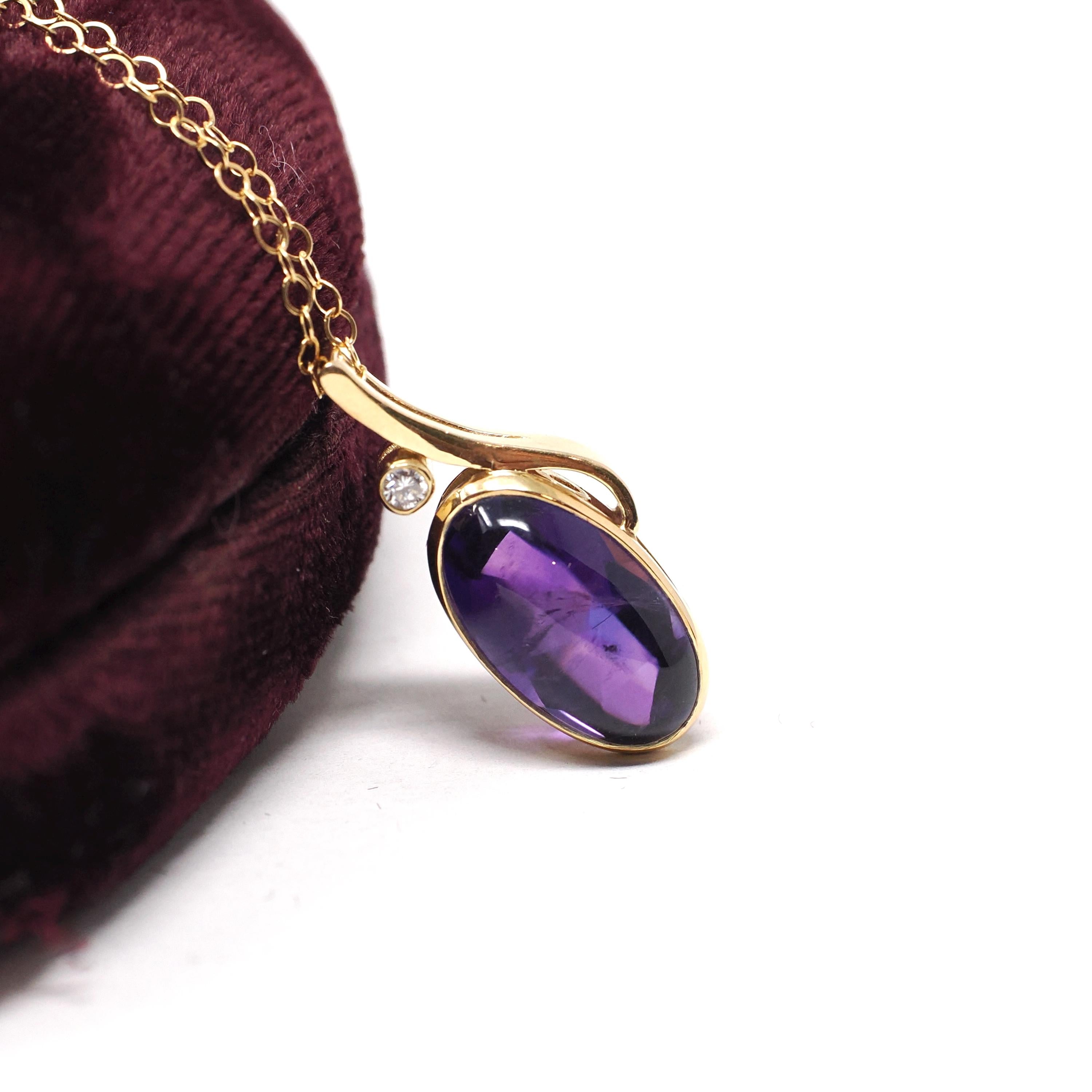 Amethyst & Diamond Charm - Estate 18k Yellow Gold Oval Cabochon Purple Gem Pendant Necklace - Modern Circa 2000s February Birthstone Jewelry