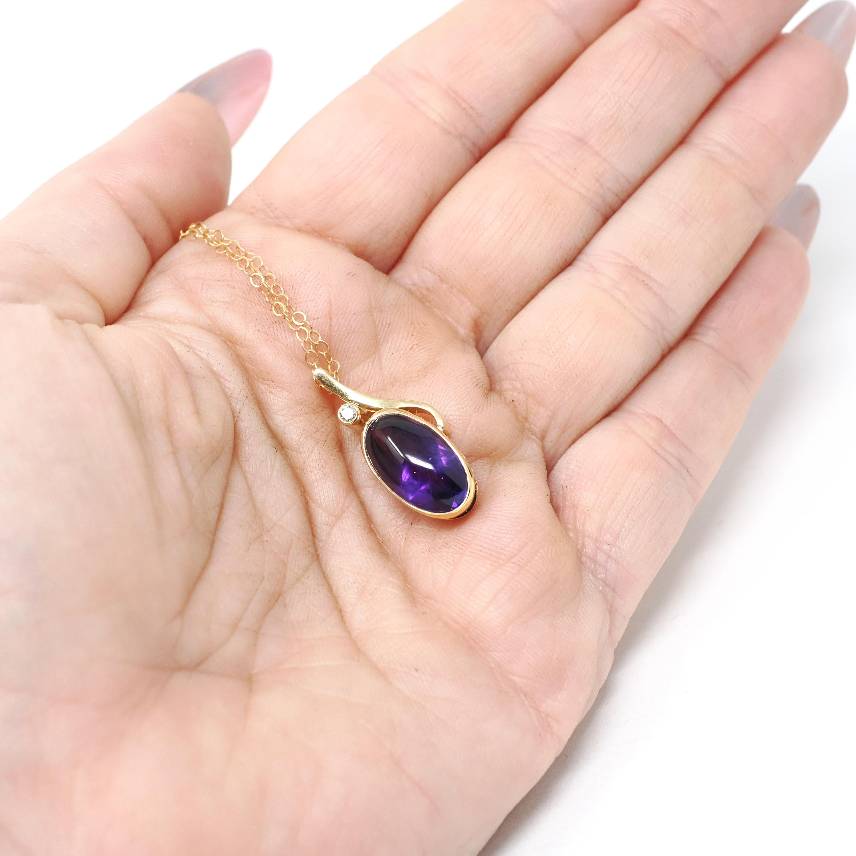 Amethyst & Diamond Charm - Estate 18k Yellow Gold Oval Cabochon Purple Gem Pendant Necklace - Modern Circa 2000s February Birthstone Jewelry