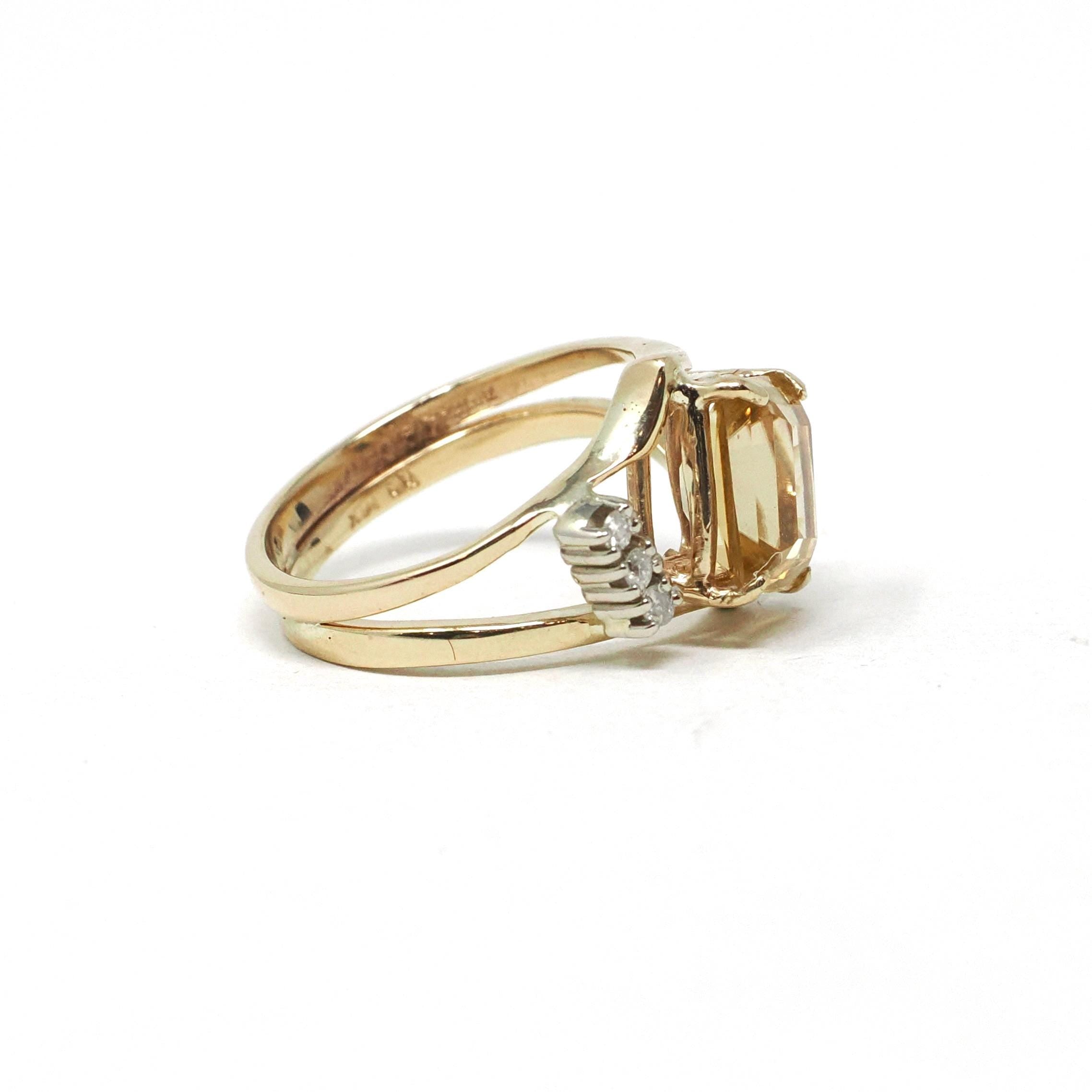 Vintage Zircon Ring - Retro 14k Yellow Gold Yellow Gemstone Natural Diamond Accents - Circa 1970s Era Size 5 3/4 Bypass Style Fine Jewelry