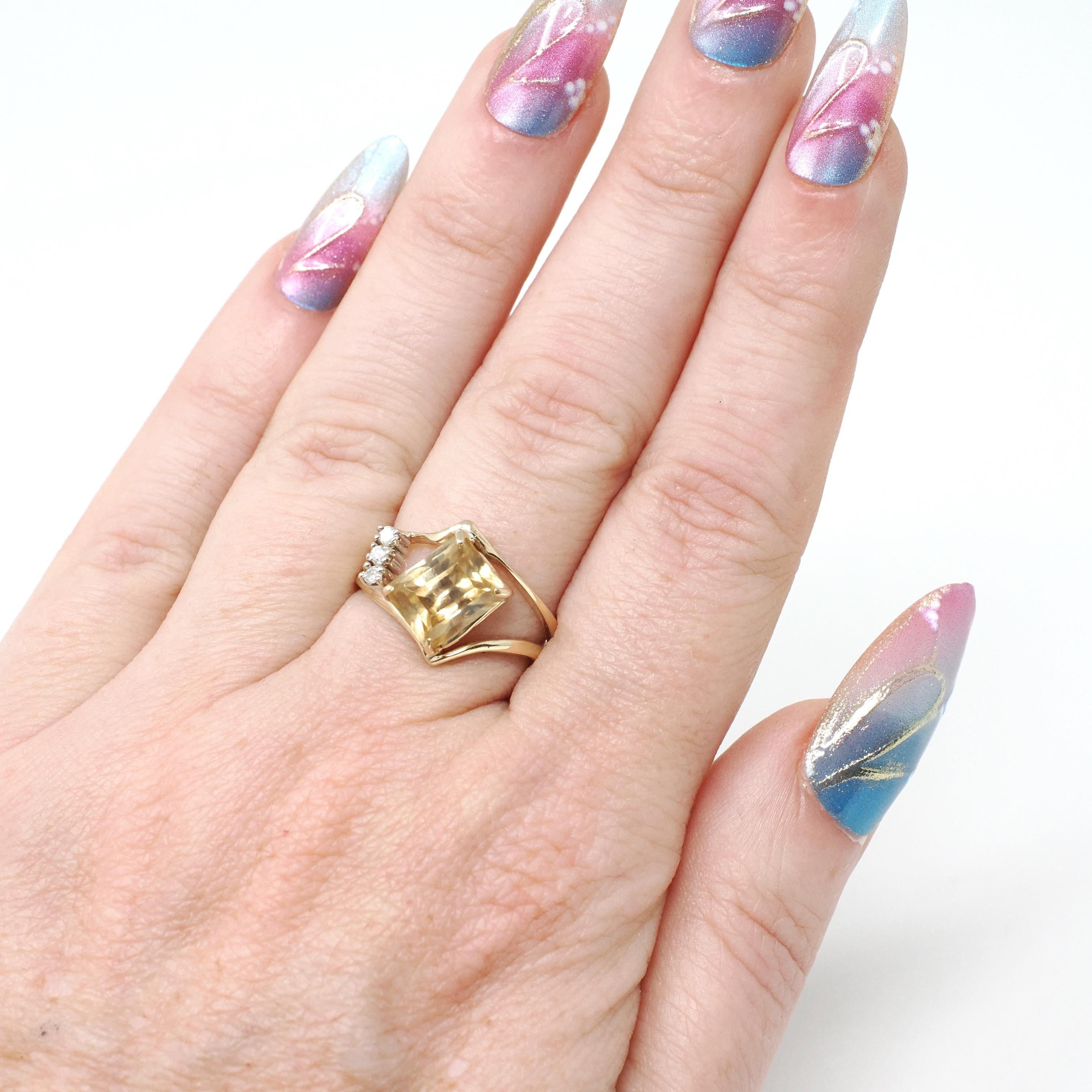 Vintage Zircon Ring - Retro 14k Yellow Gold Yellow Gemstone Natural Diamond Accents - Circa 1970s Era Size 5 3/4 Bypass Style Fine Jewelry