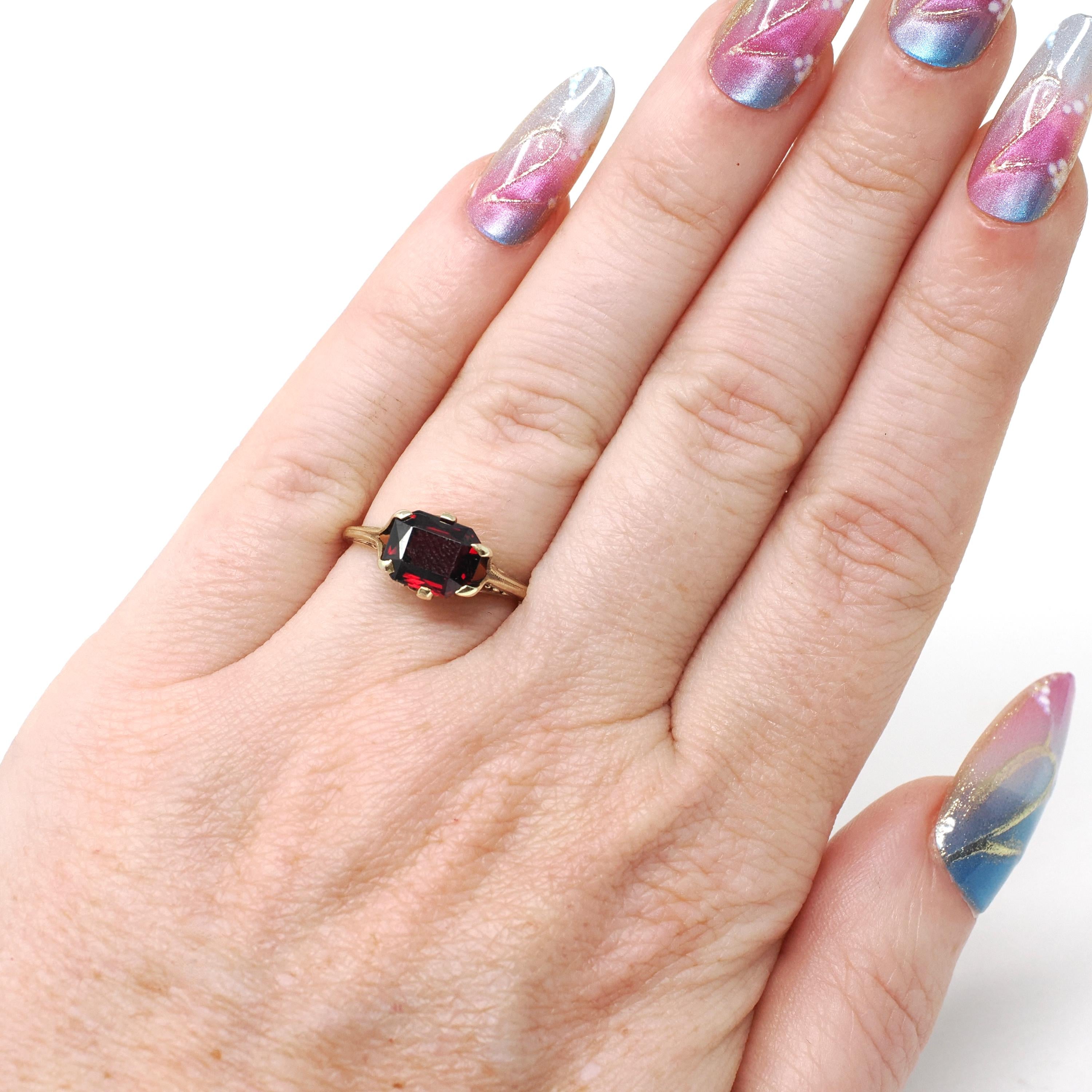 Antique Garnet Ring - Edwardian 14k Yellow Gold Natural Dark Red Gemstone - Circa 1900s Size 4 3/4 January Birthstone Filigree Fine Jewelry