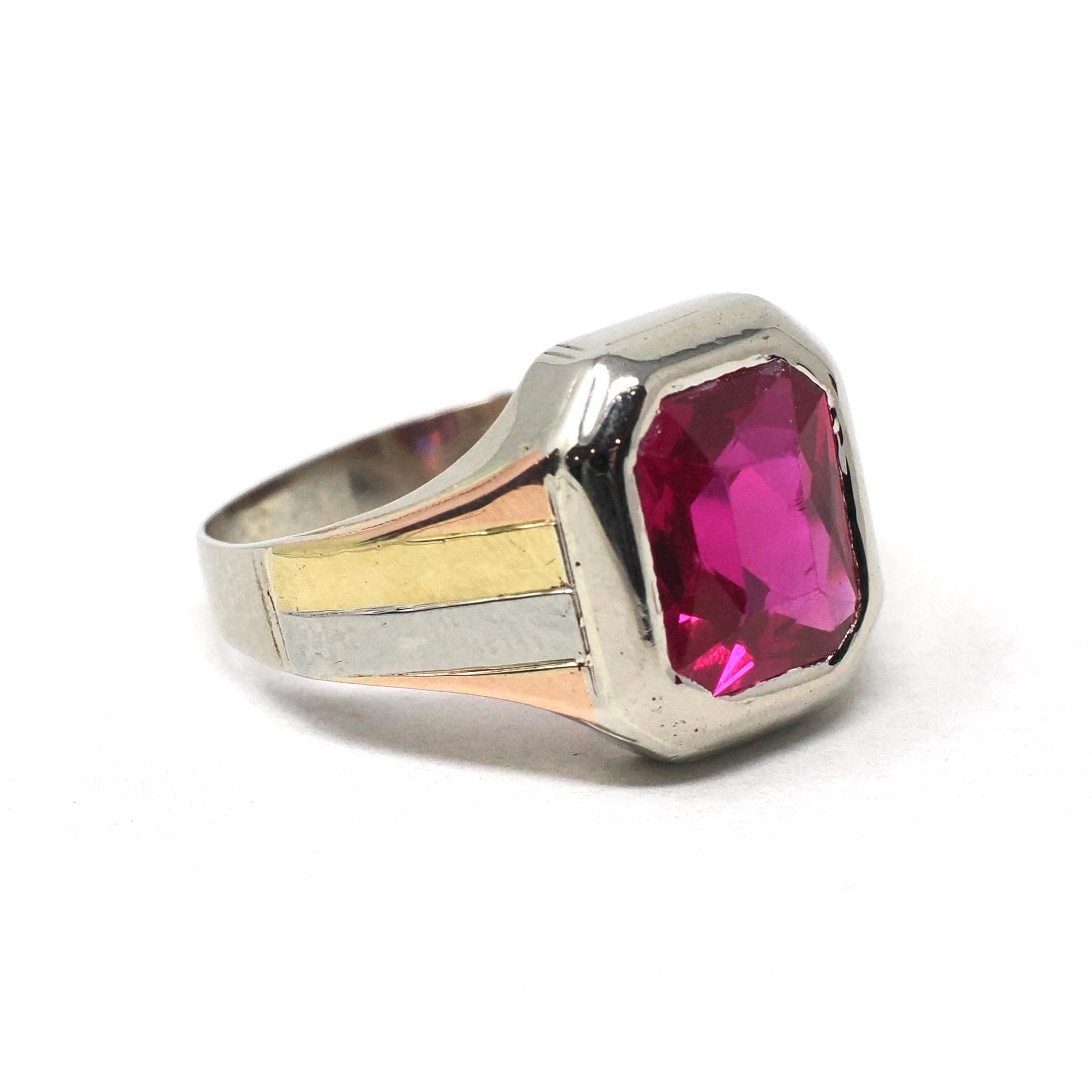 Created Ruby Ring - Mid Century 14k Tri Tone White Yellow Rose Gold Statement - Vintage Circa 1940s Era Size 9 July Birthstone Fine Jewelry