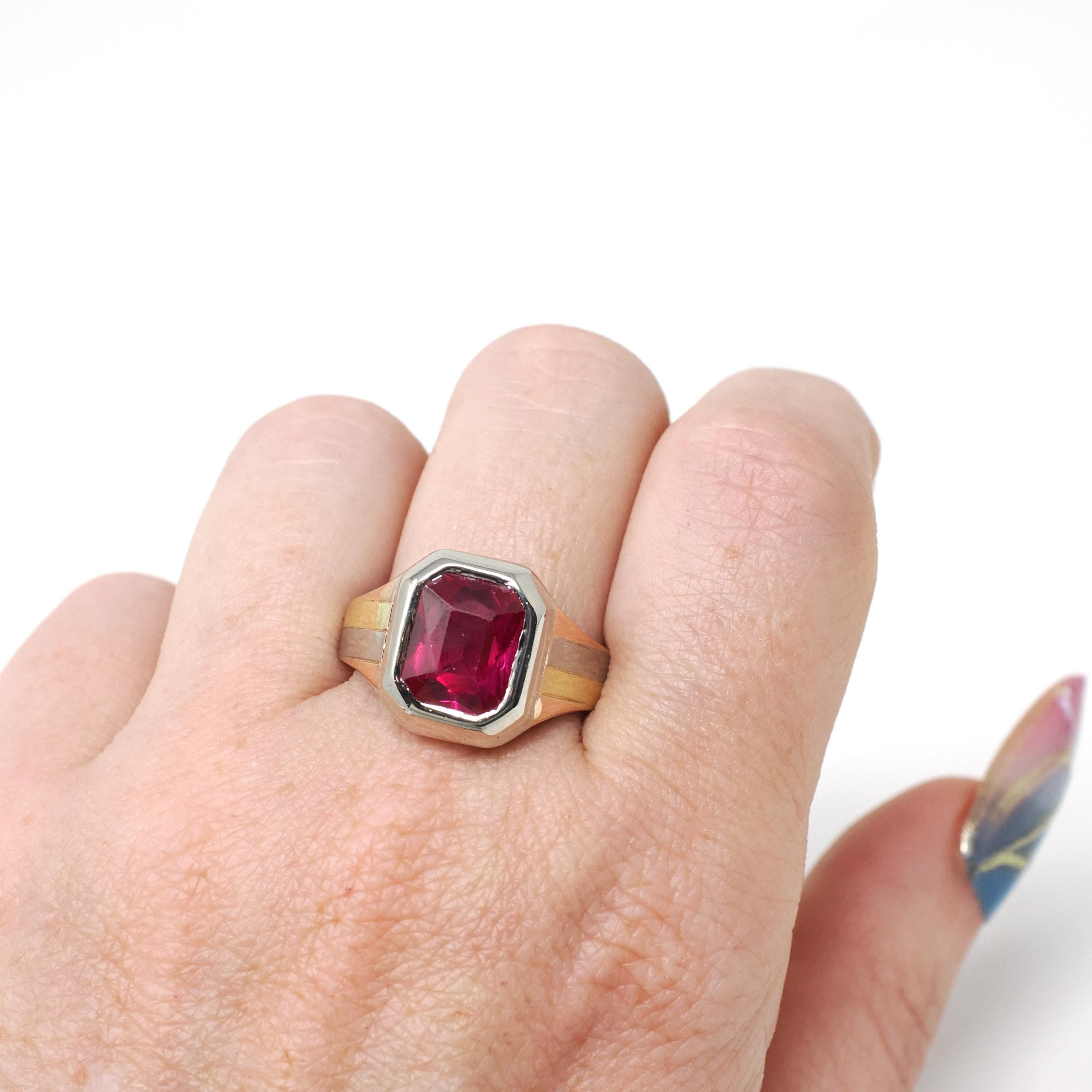 Created Ruby Ring - Mid Century 14k Tri Tone White Yellow Rose Gold Statement - Vintage Circa 1940s Era Size 9 July Birthstone Fine Jewelry