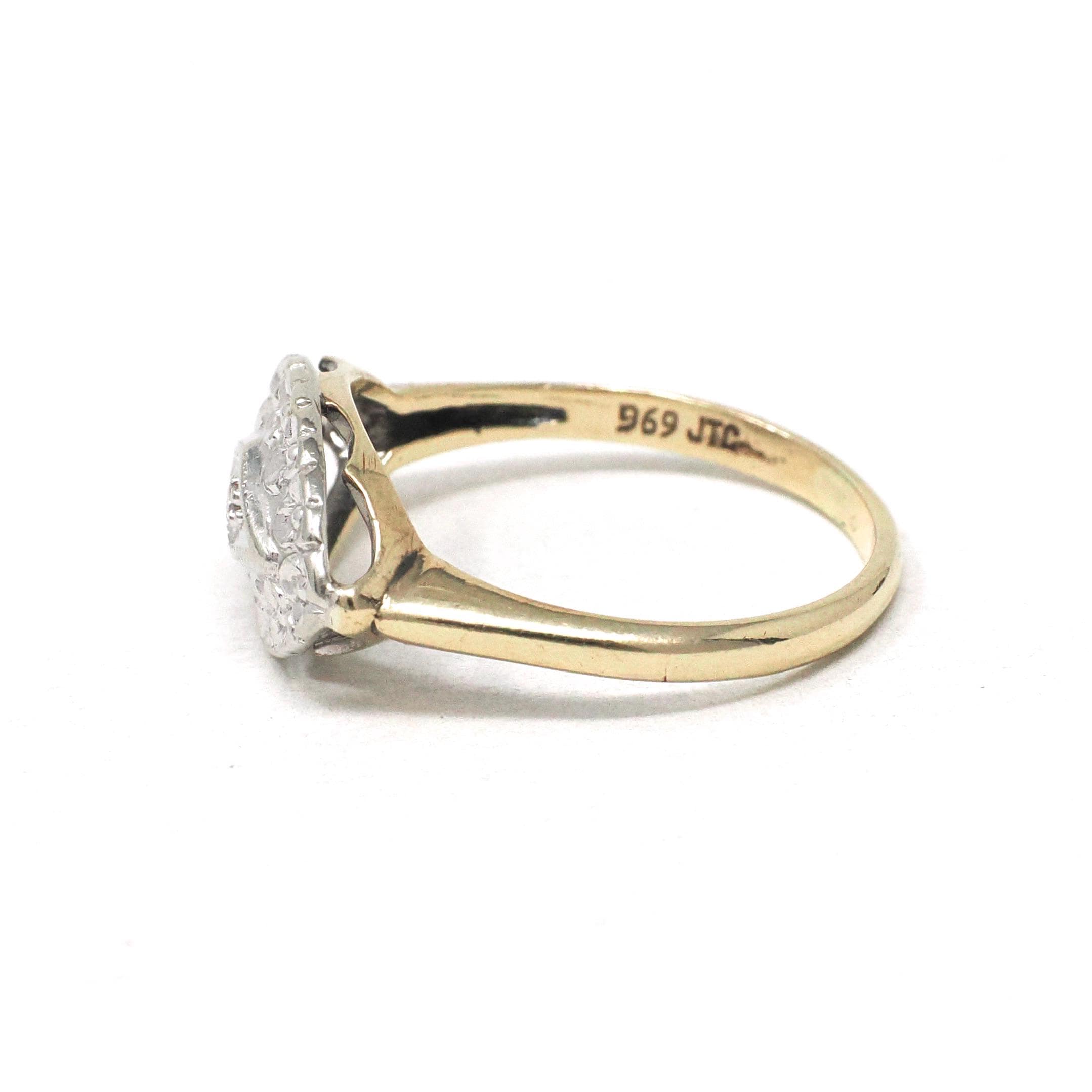 Vintage Princess Ring - Retro 10k Yellow & White Gold Natural Diamond .005 CT Gem - Circa 1940s Era Size 6 3/4 Anniversary Promise Jewelry
