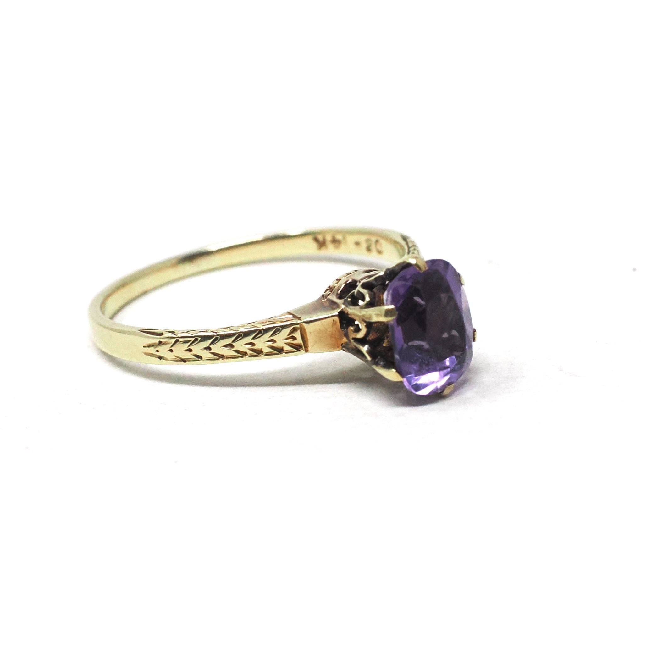 Art Deco Amethyst Ring - Vintage 14k Yellow Gold Natural Purple Gemstone Solitaire - Antique Circa 1920s Size 5 Wheat Designs Fine Jewelry