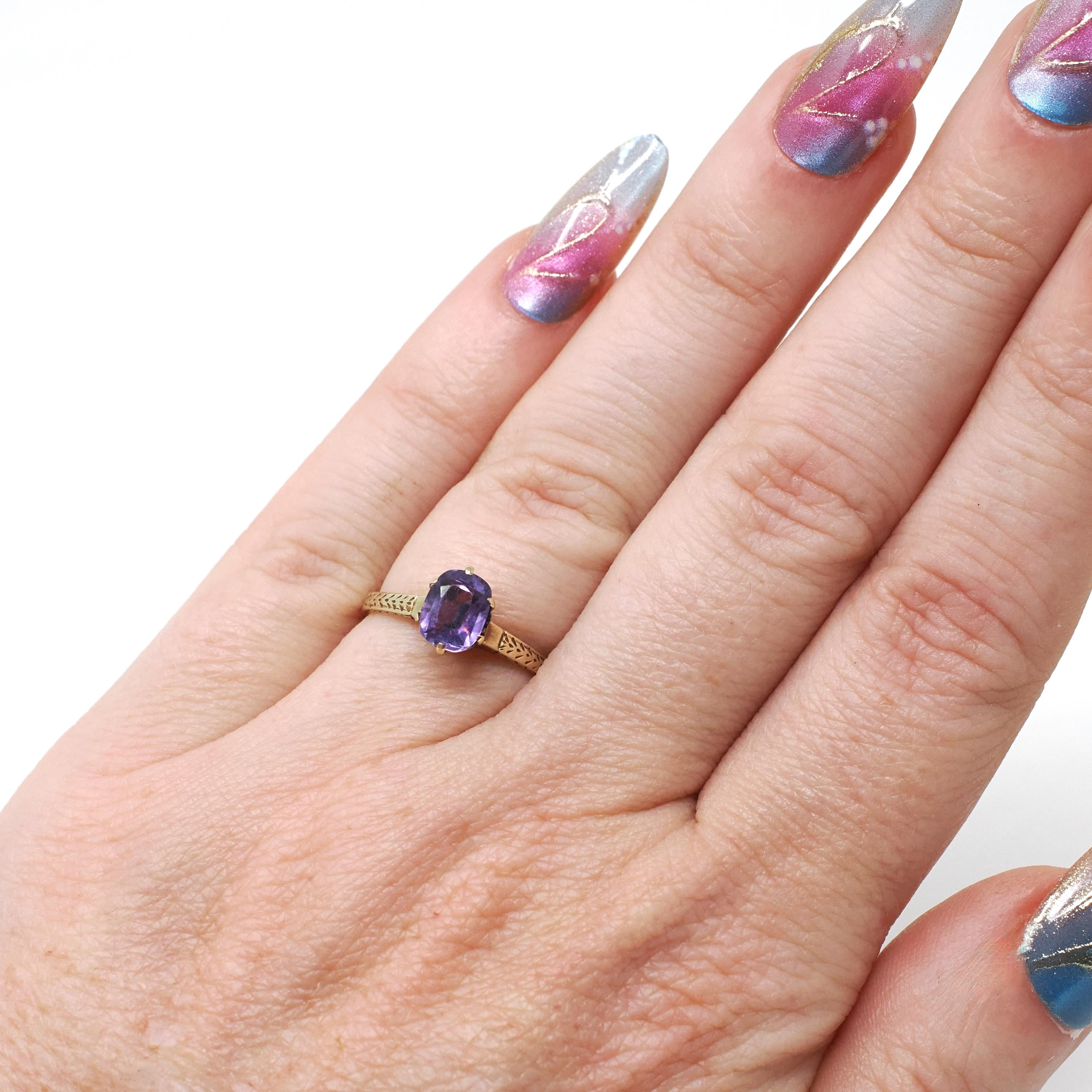 Art Deco Amethyst Ring - Vintage 14k Yellow Gold Natural Purple Gemstone Solitaire - Antique Circa 1920s Size 5 Wheat Designs Fine Jewelry