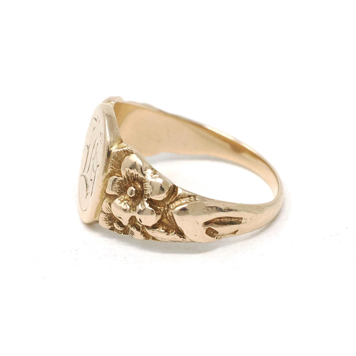 Edwardian Signet Ring - Antique 10k Yellow Gold Old English Initial "L" Engraved - Circa 1910's Era Size 6 3/4 Fine Flower Repousse Jewelry