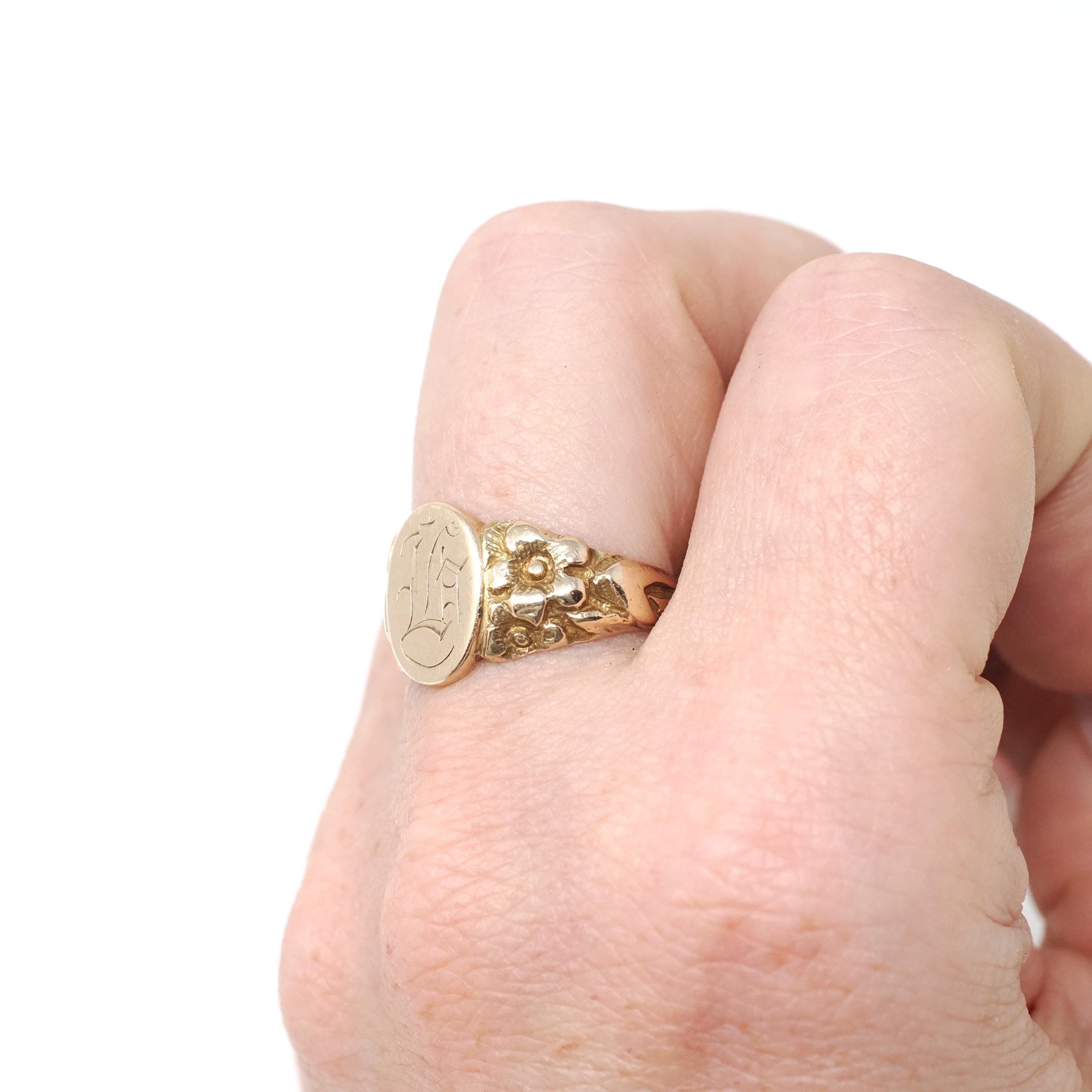Edwardian Signet Ring - Antique 10k Yellow Gold Old English Initial "L" Engraved - Circa 1910's Era Size 6 3/4 Fine Flower Repousse Jewelry